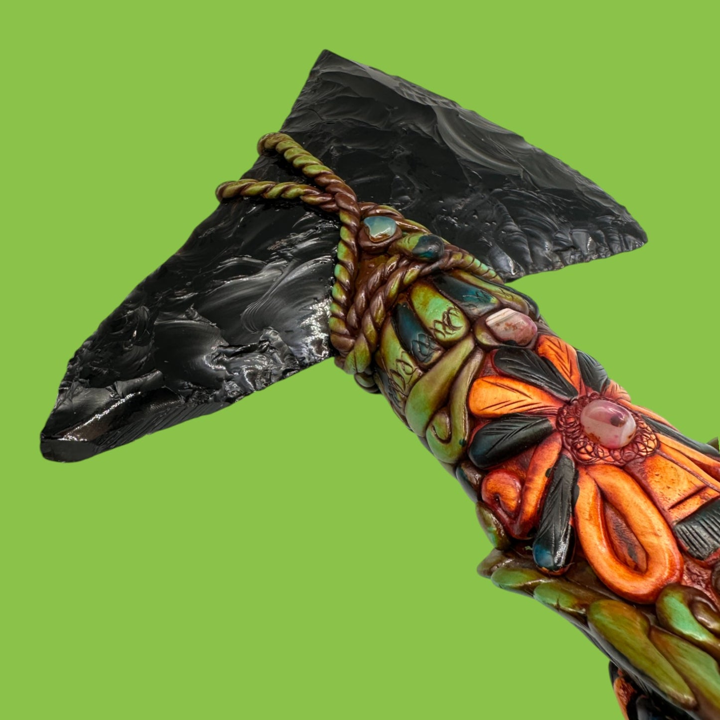 Handmade Mayan Obsidian Axe with Ornate Tribal Detailing – 24" Long