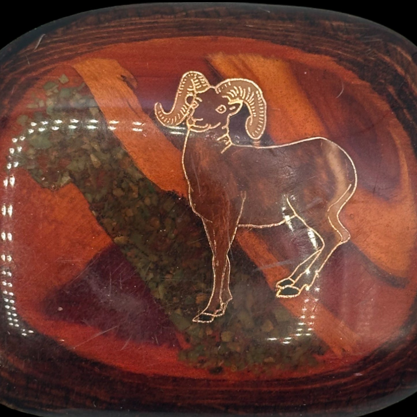 Vintage Handmade Belt Buckle with Brass Ram and Inset Pebbles