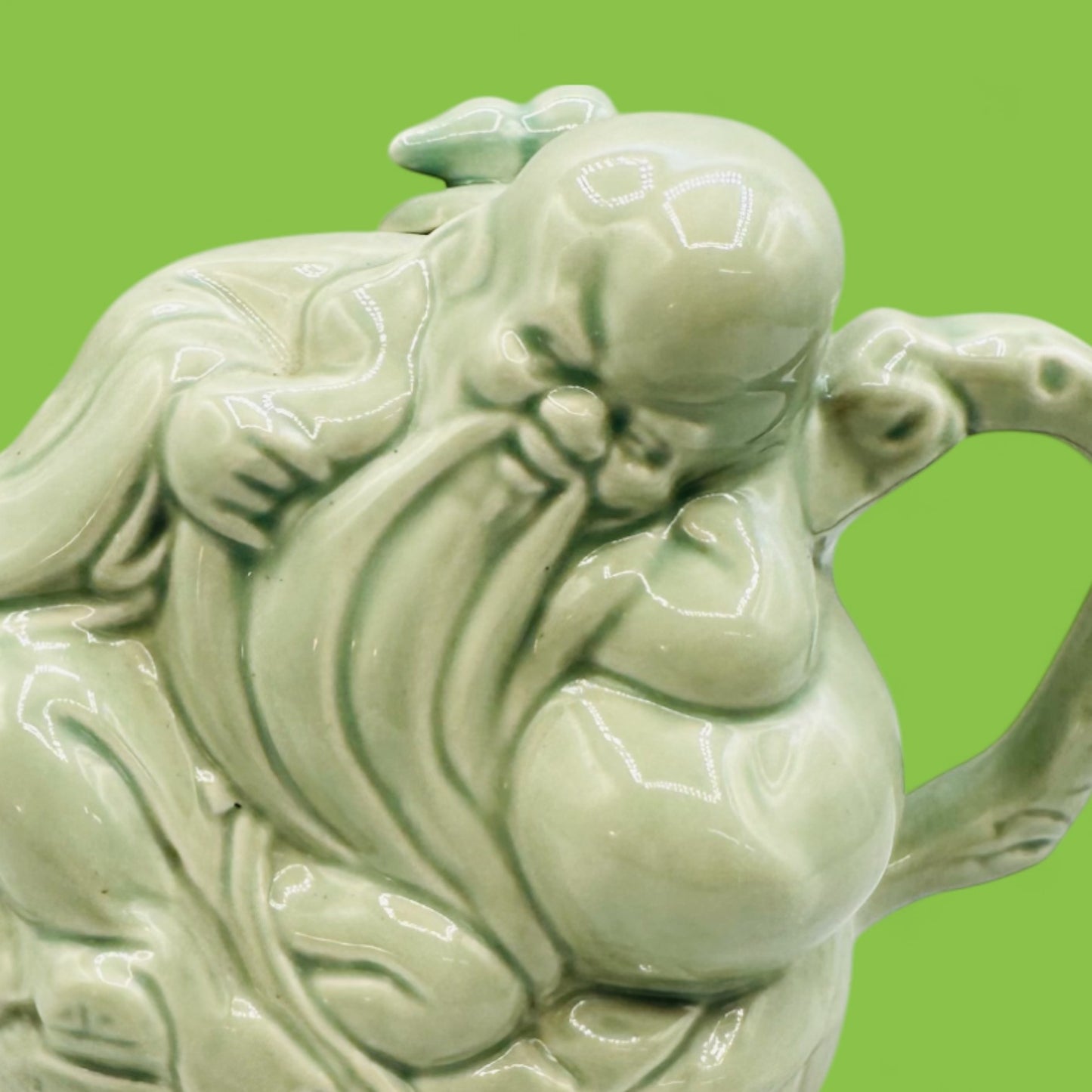 Green Chinese Teapot – Celadon Glazed Shòu (寿) Figure Design