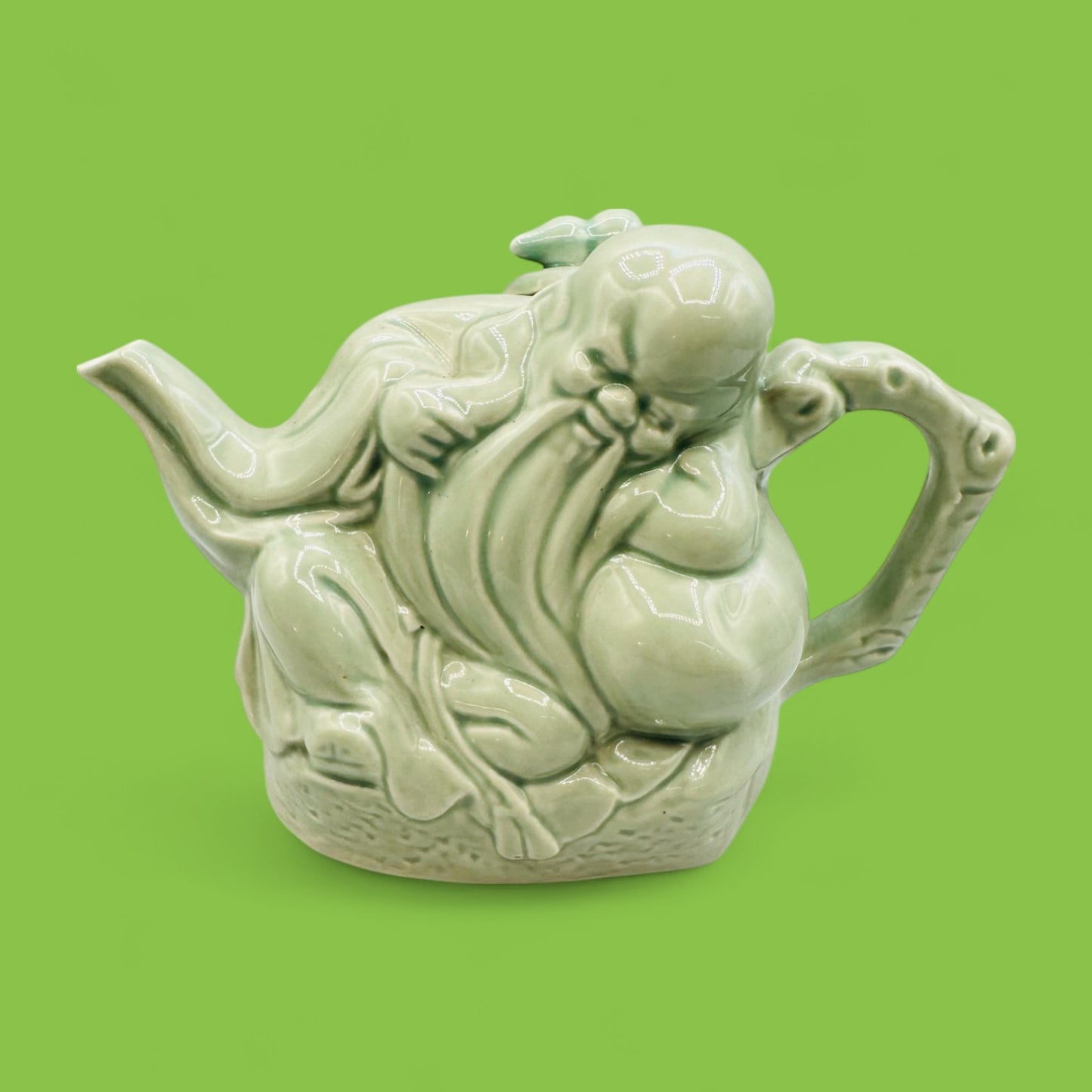 Green Chinese Teapot – Celadon Glazed Shòu (寿) Figure Design