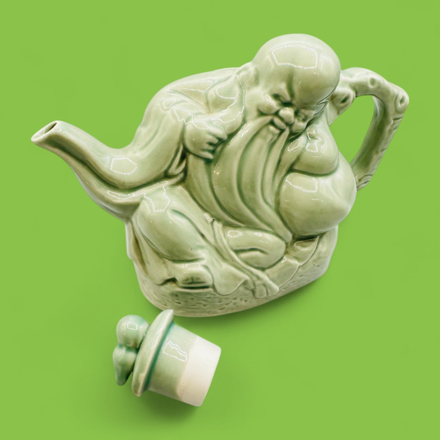Green Chinese Teapot – Celadon Glazed Shòu (寿) Figure Design