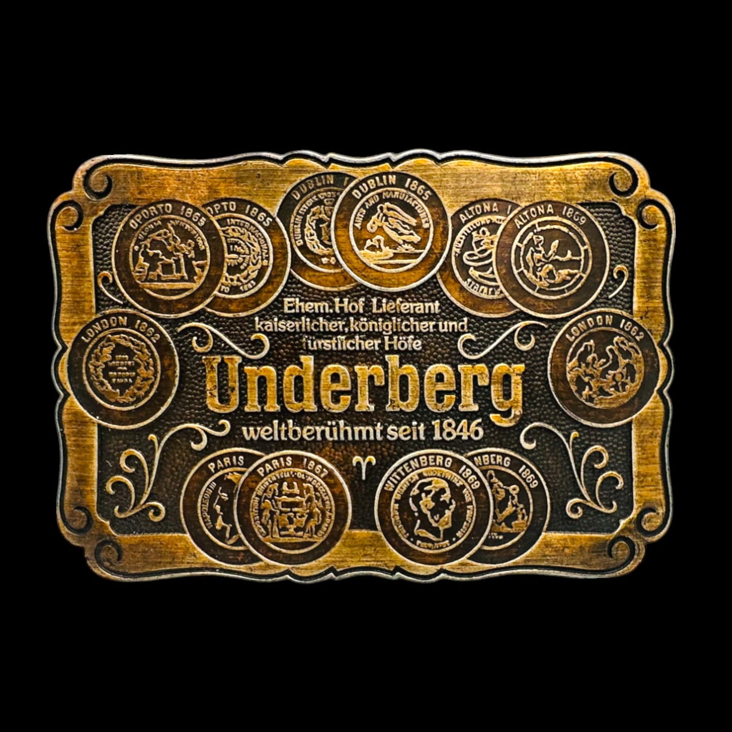 Vintage Underberg Bitters German Company Weltberuhmt Seit 1846 Brass Belt Buckle