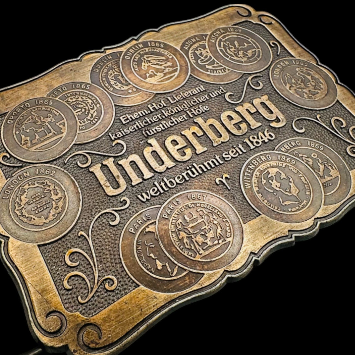 Vintage Underberg Bitters German Company Weltberuhmt Seit 1846 Brass Belt Buckle