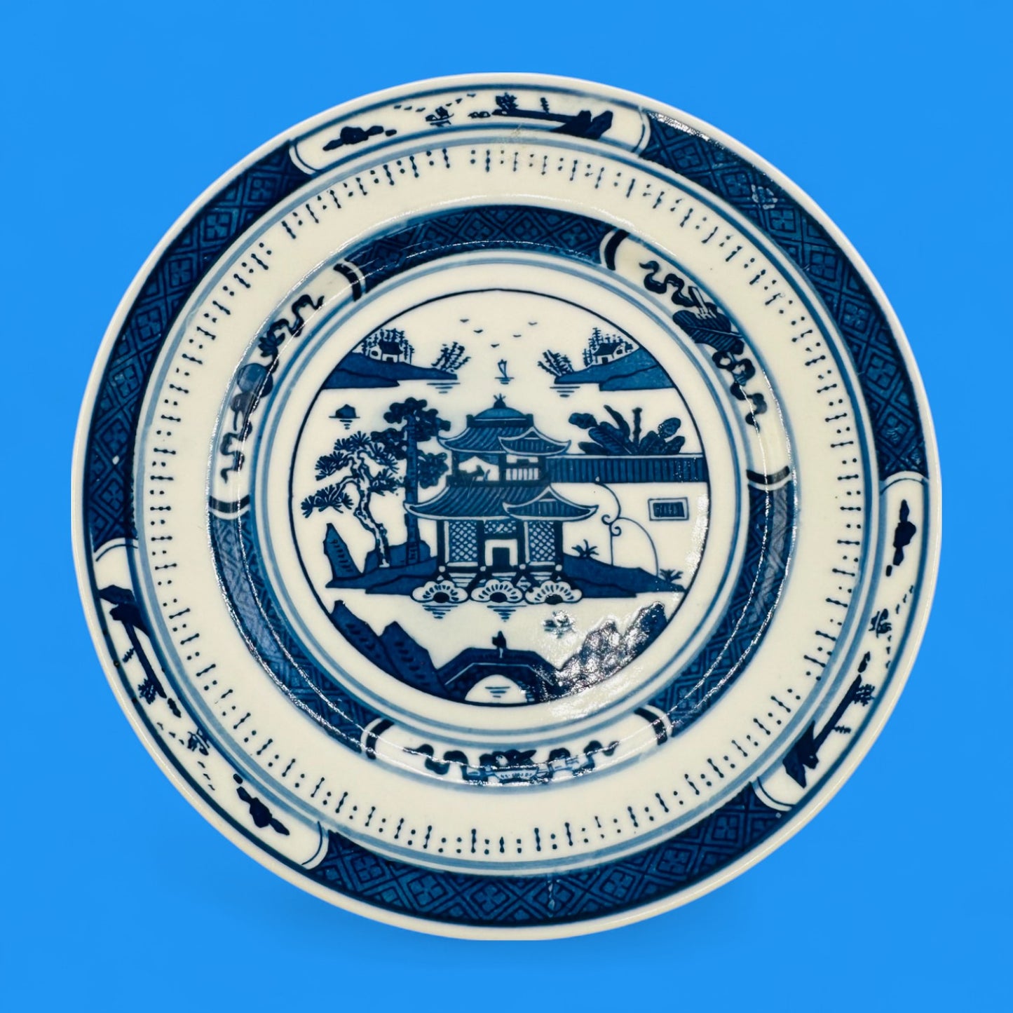 Vintage 7” Chinese Blue & White Porcelain Plate – Jingdezhen Pagoda Design