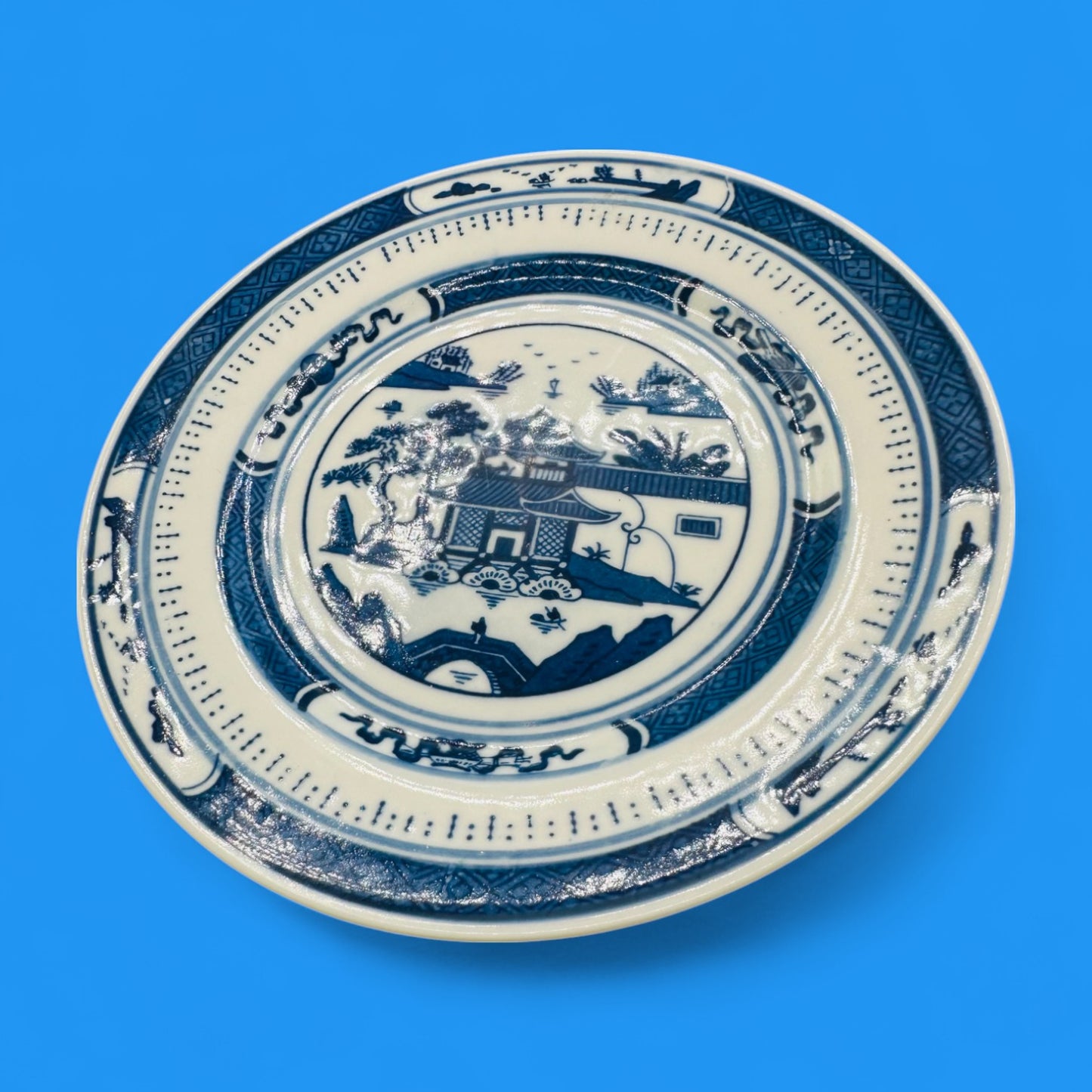Vintage 7” Chinese Blue & White Porcelain Plate – Jingdezhen Pagoda Design