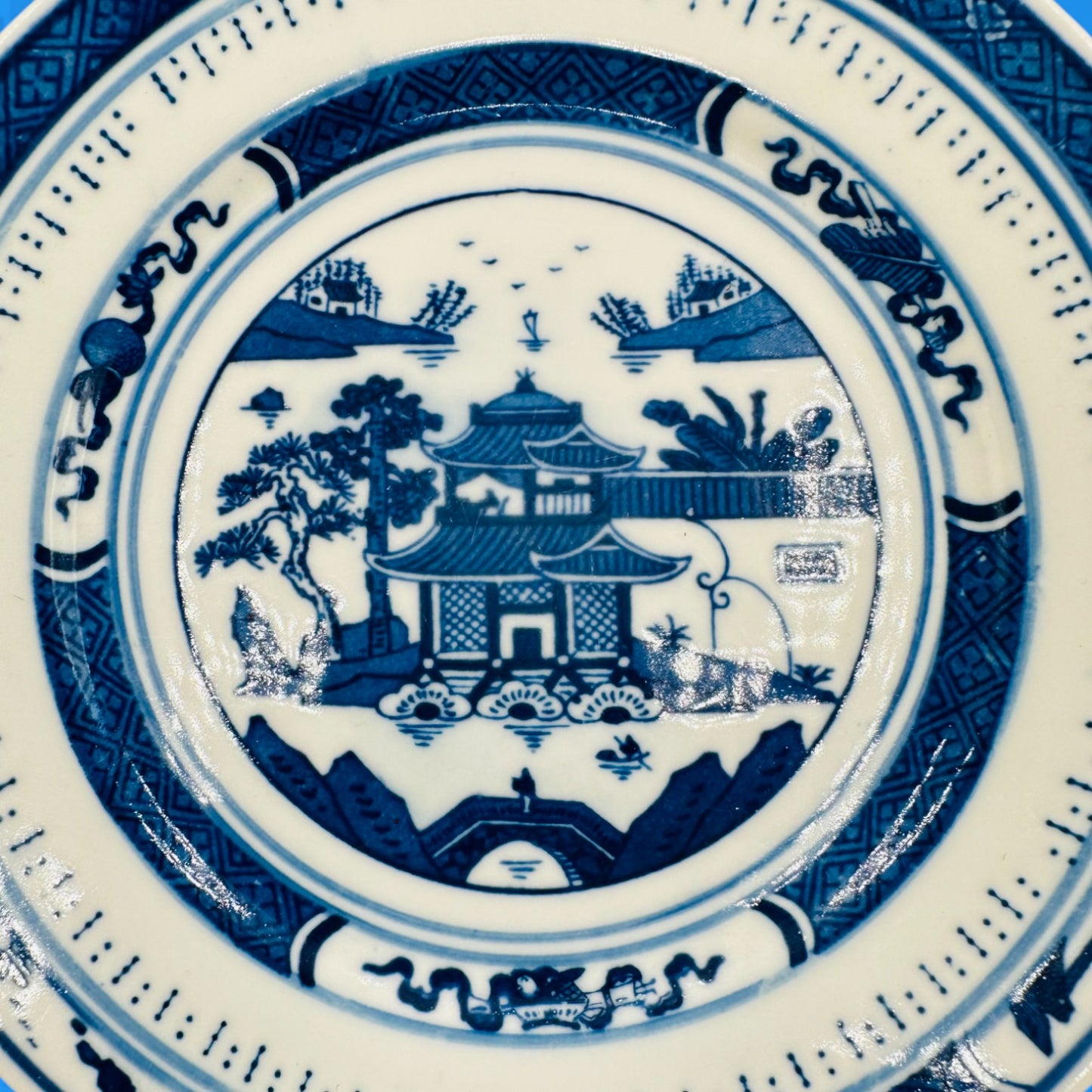 Vintage 7” Chinese Blue & White Porcelain Plate – Jingdezhen Pagoda Design