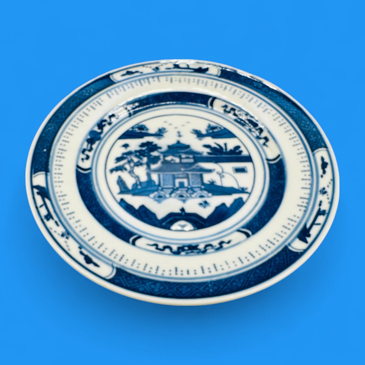 Vintage 7” Chinese Blue & White Porcelain Plate – Jingdezhen Pagoda Design