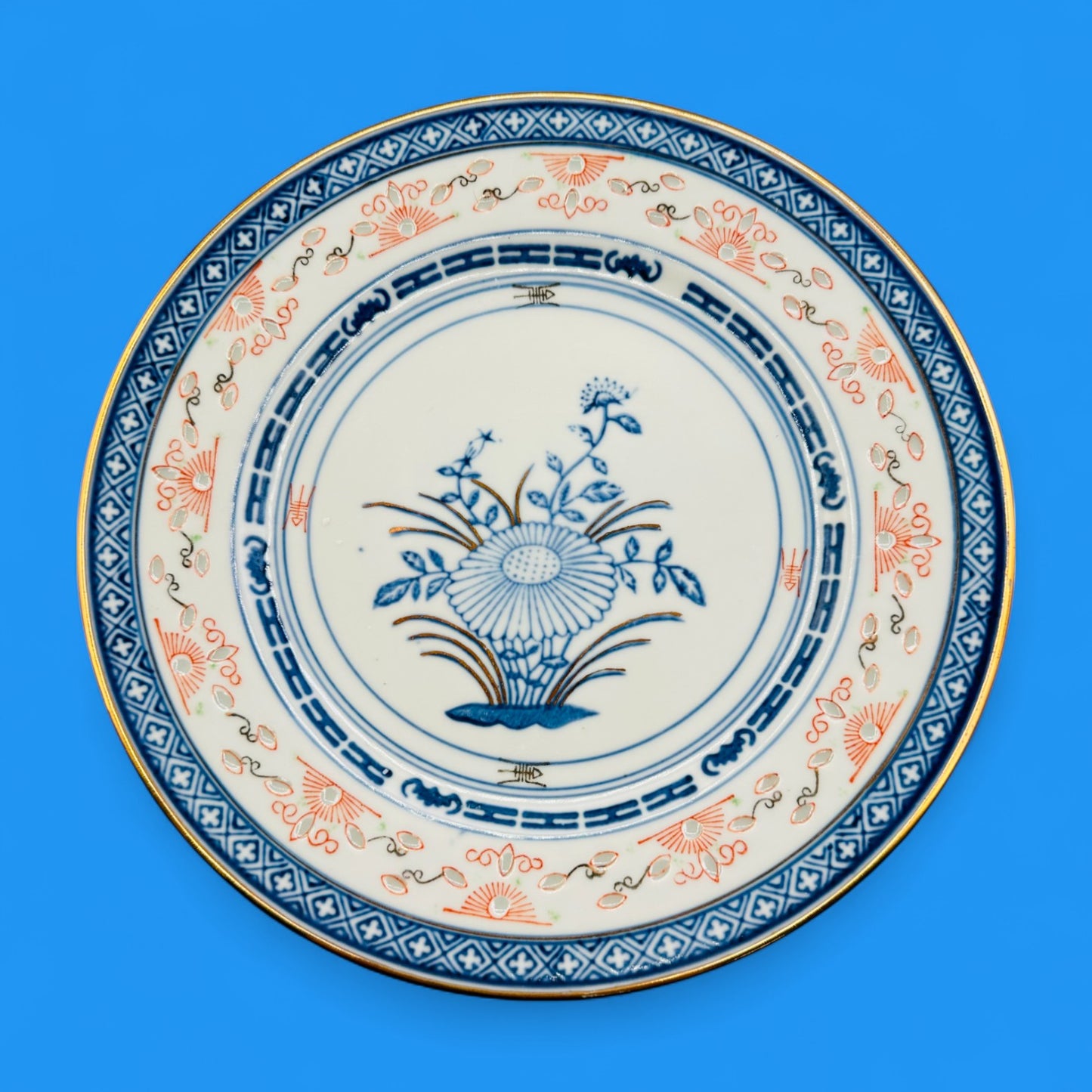 Vintage 10" Chinese Porcelain Plate with Blue Floral & Gold Trim