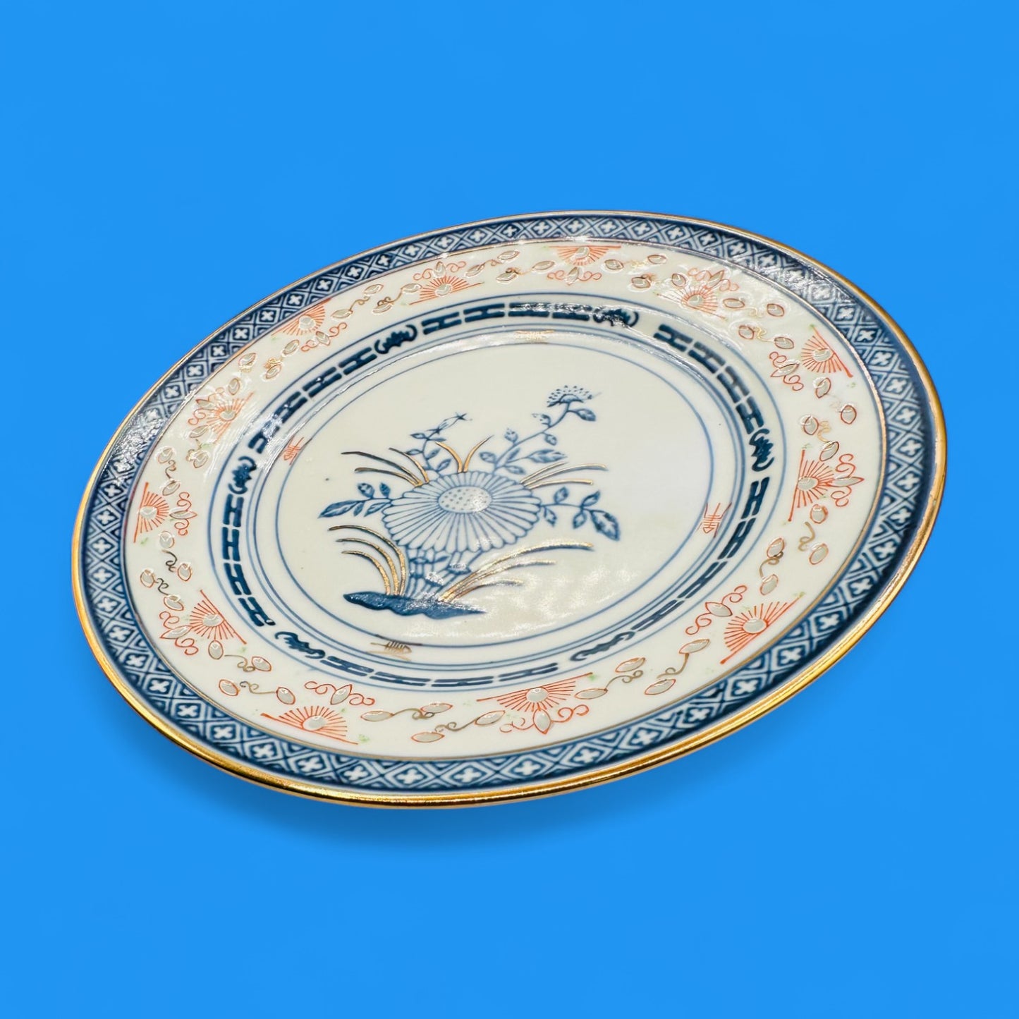Vintage 10" Chinese Porcelain Plate with Blue Floral & Gold Trim
