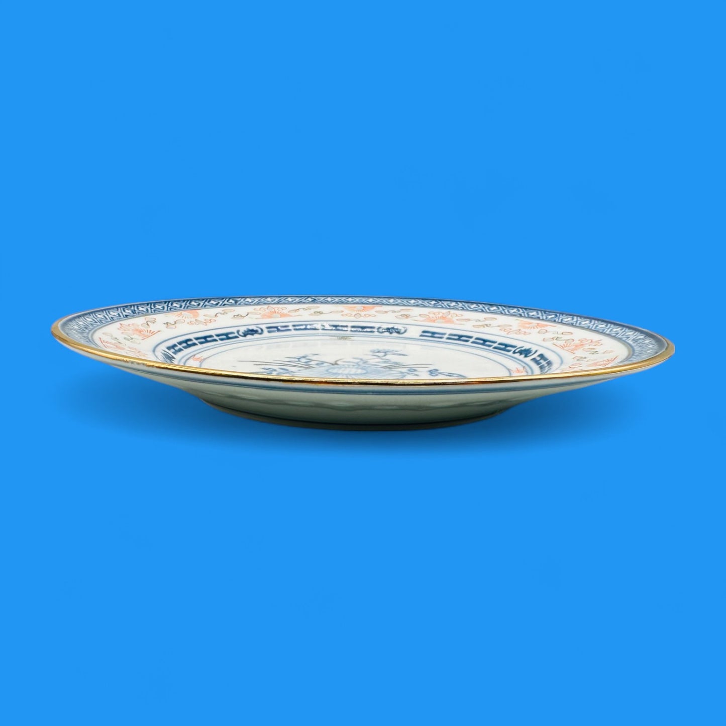 Vintage 10" Chinese Porcelain Plate with Blue Floral & Gold Trim