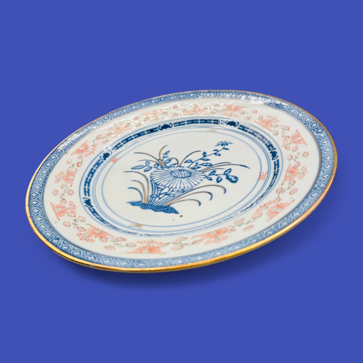 Vintage 10" Blue & White Chinese Dinner Plate with Daisy Motif