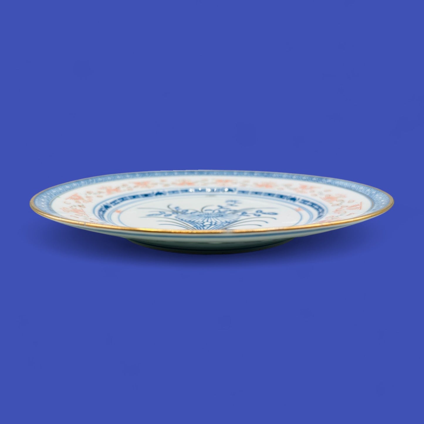 Vintage 9" Chinese Porcelain Plate with Blue Floral and Gold Rim