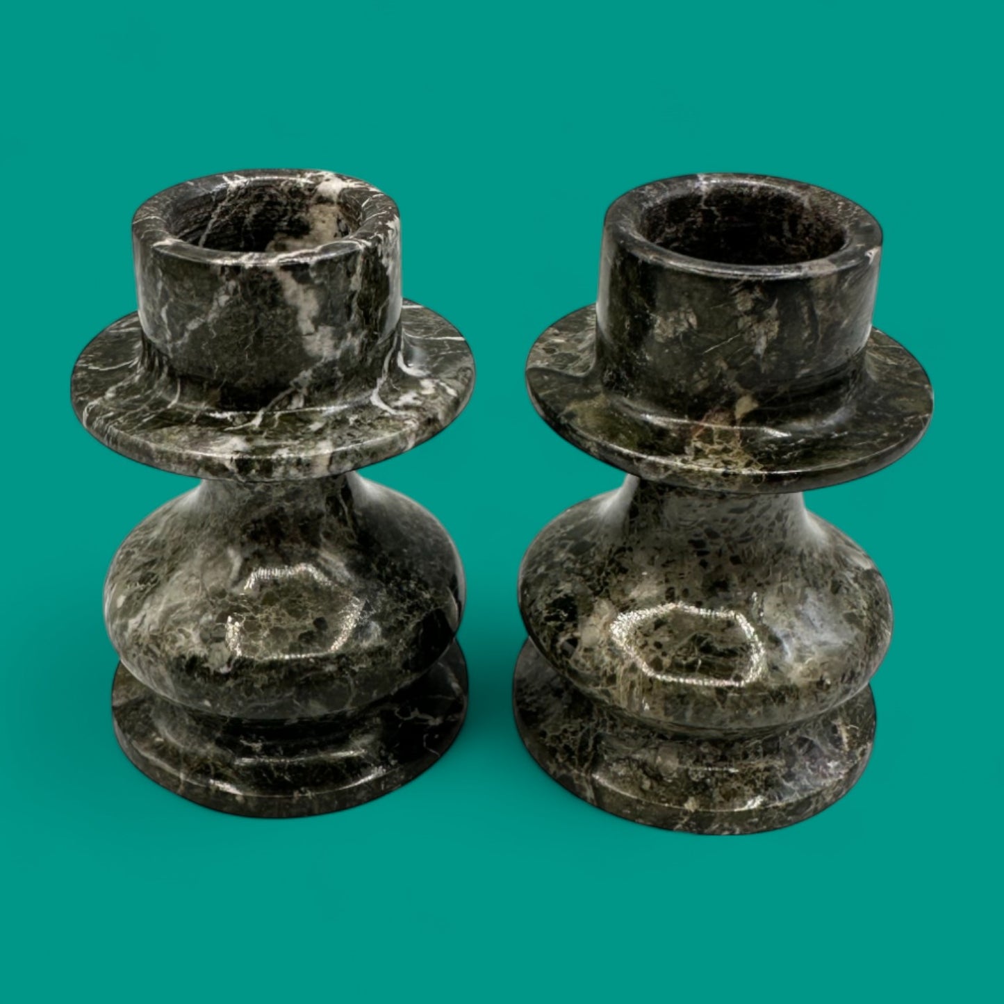 Pair of Handmade Grey/Green Marble Candle Holders – Stone Candle Holders