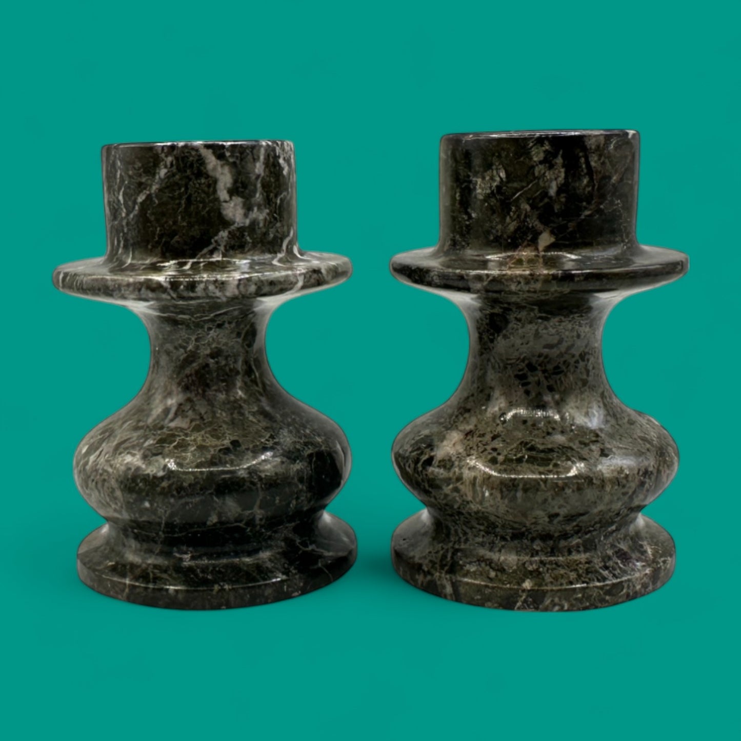 Pair of Handmade Grey/Green Marble Candle Holders – Stone Candle Holders