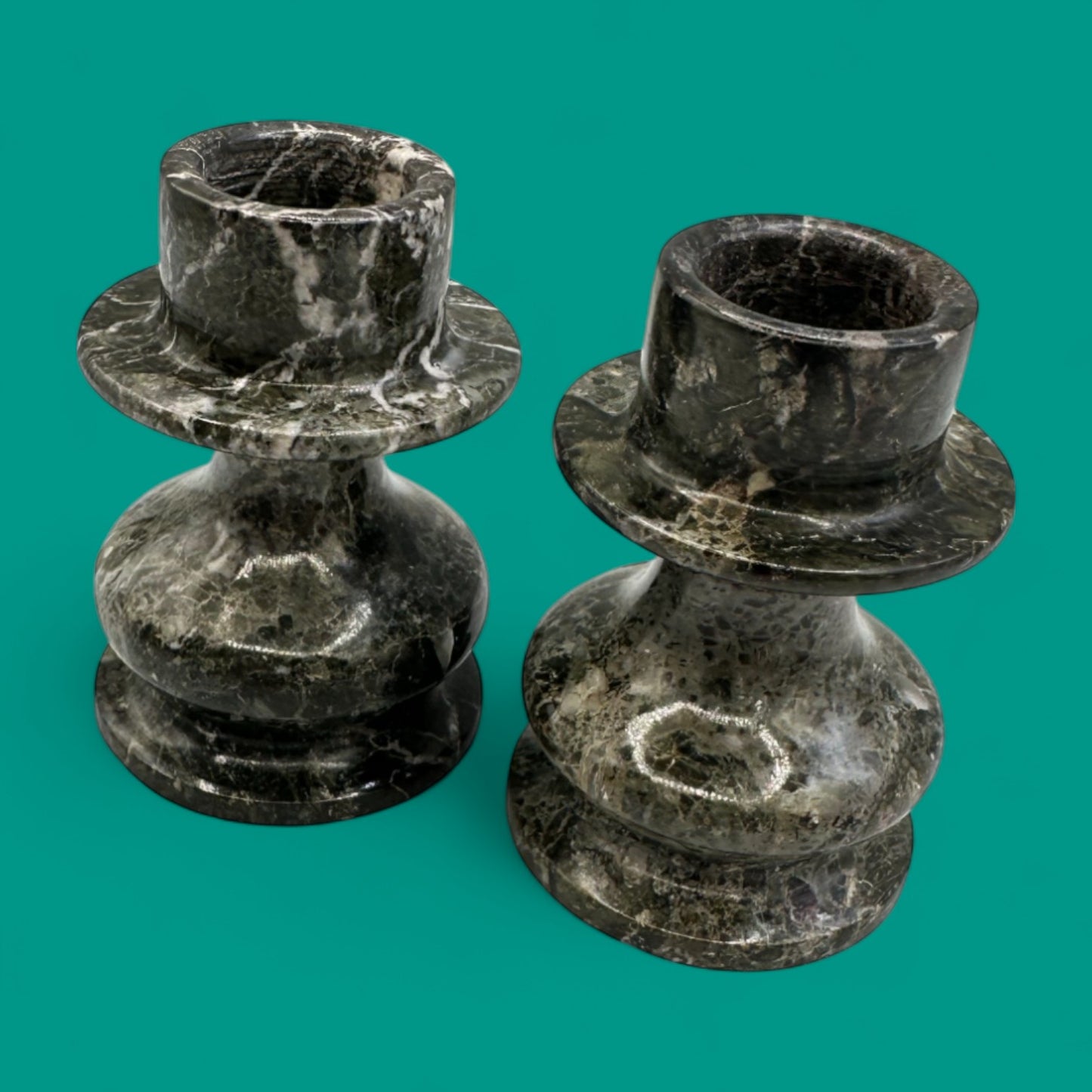 Pair of Handmade Grey/Green Marble Candle Holders – Stone Candle Holders