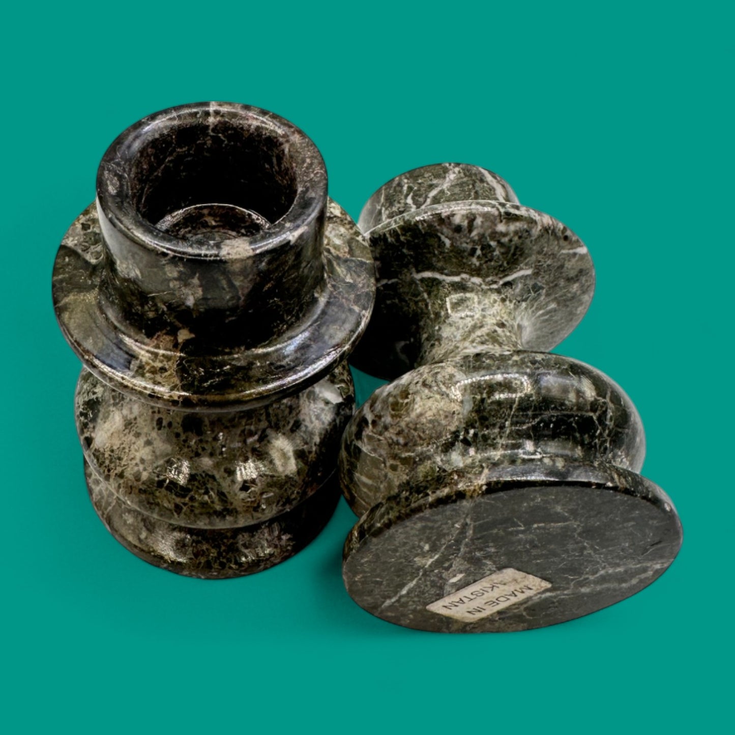 Pair of Handmade Grey/Green Marble Candle Holders – Stone Candle Holders