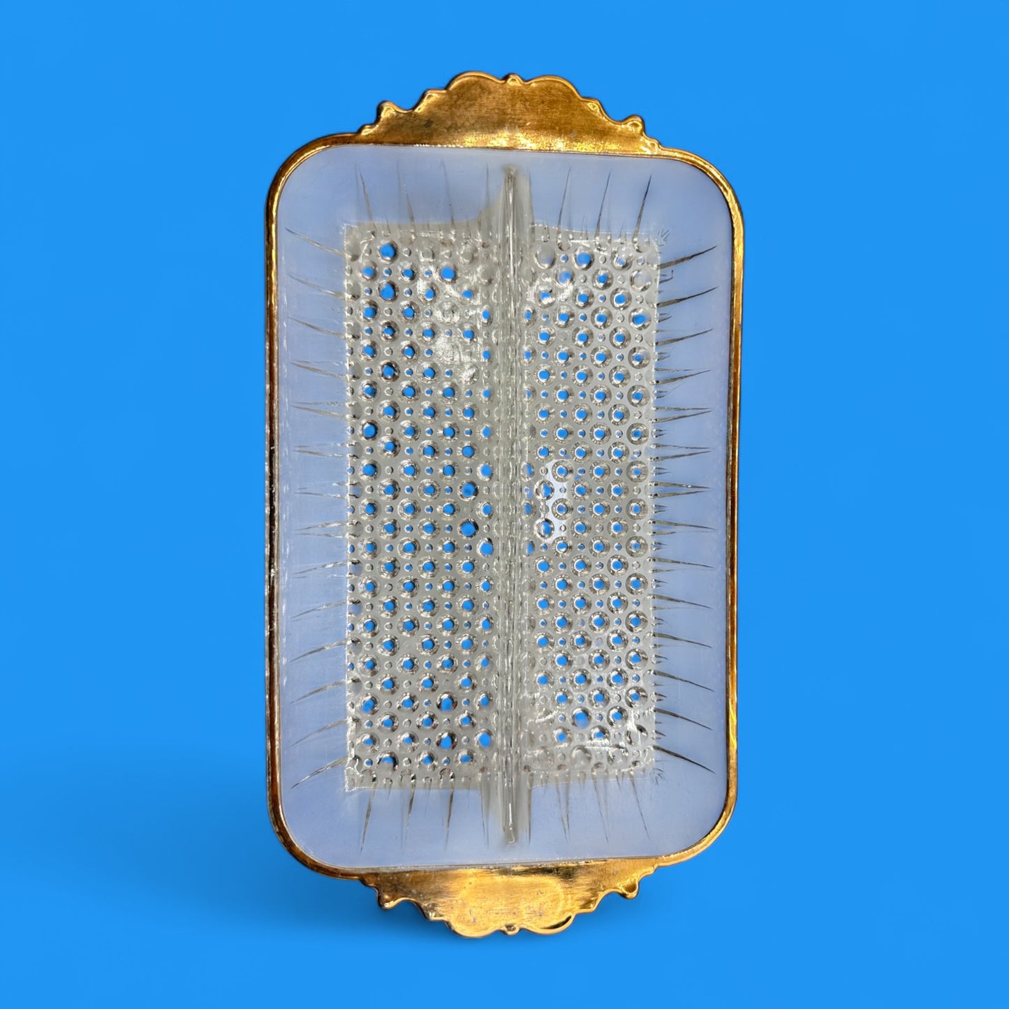 Vintage Glass Anchor Hocking Tray with Gold Trim & Hobnail Bottom