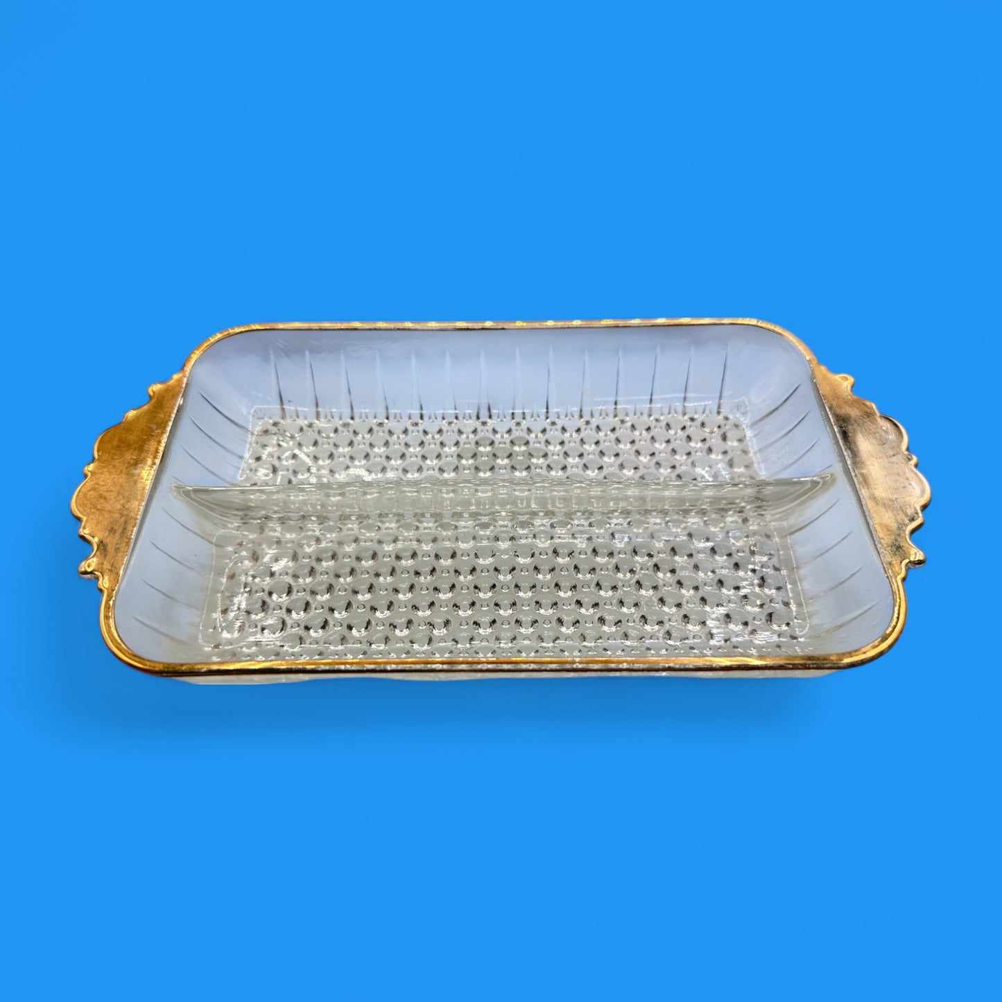 Vintage Glass Anchor Hocking Tray with Gold Trim & Hobnail Bottom