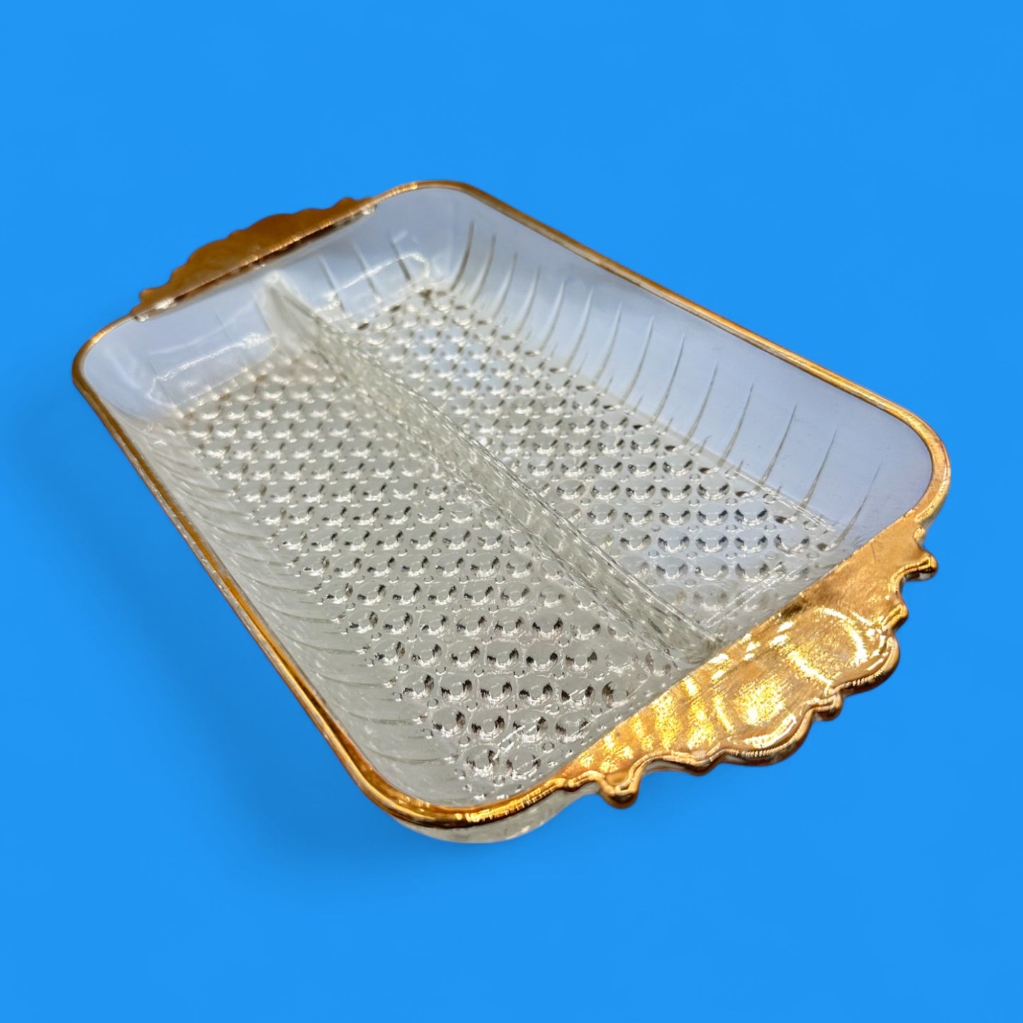 Vintage Glass Anchor Hocking Tray with Gold Trim & Hobnail Bottom