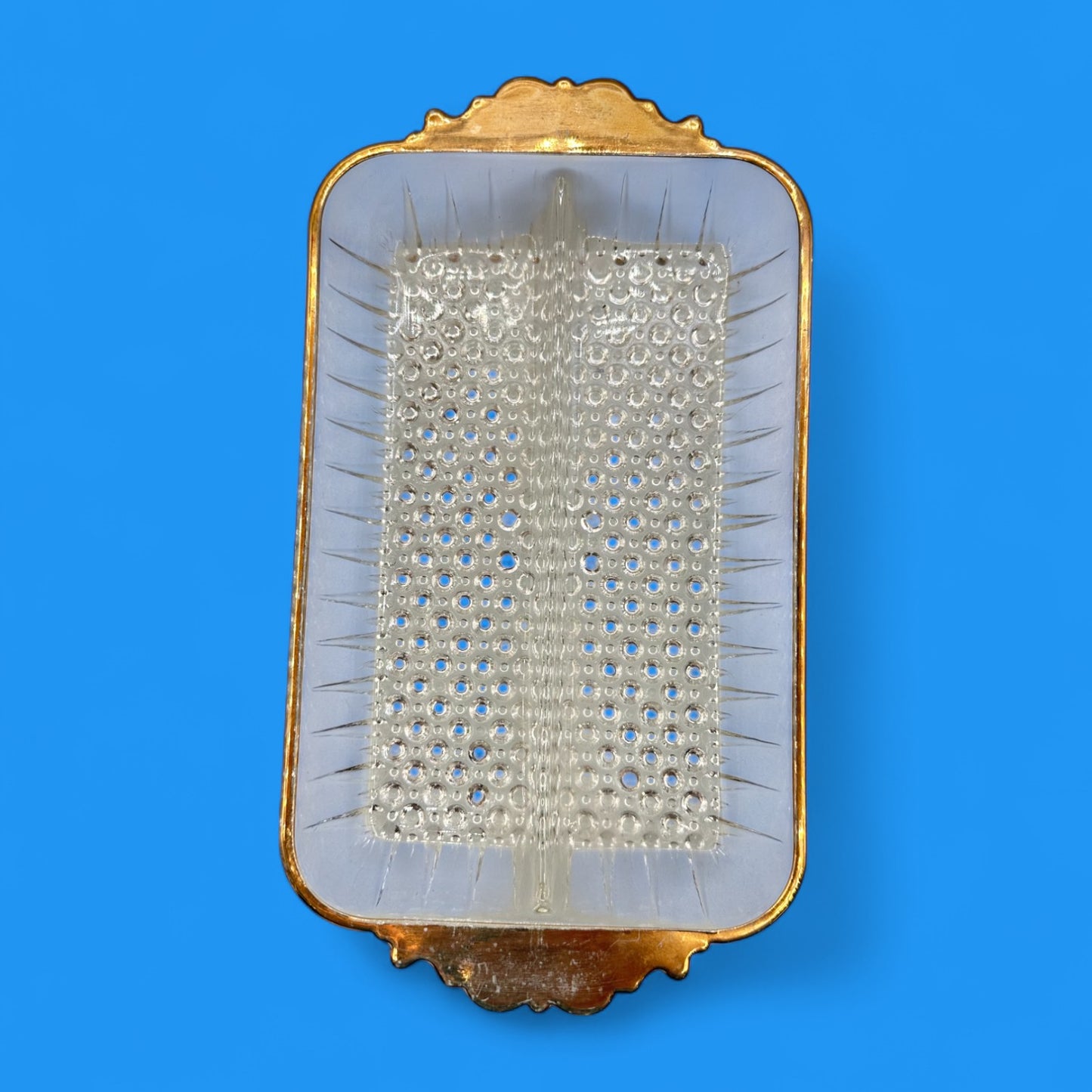 Vintage Glass Anchor Hocking Tray with Gold Trim & Hobnail Bottom