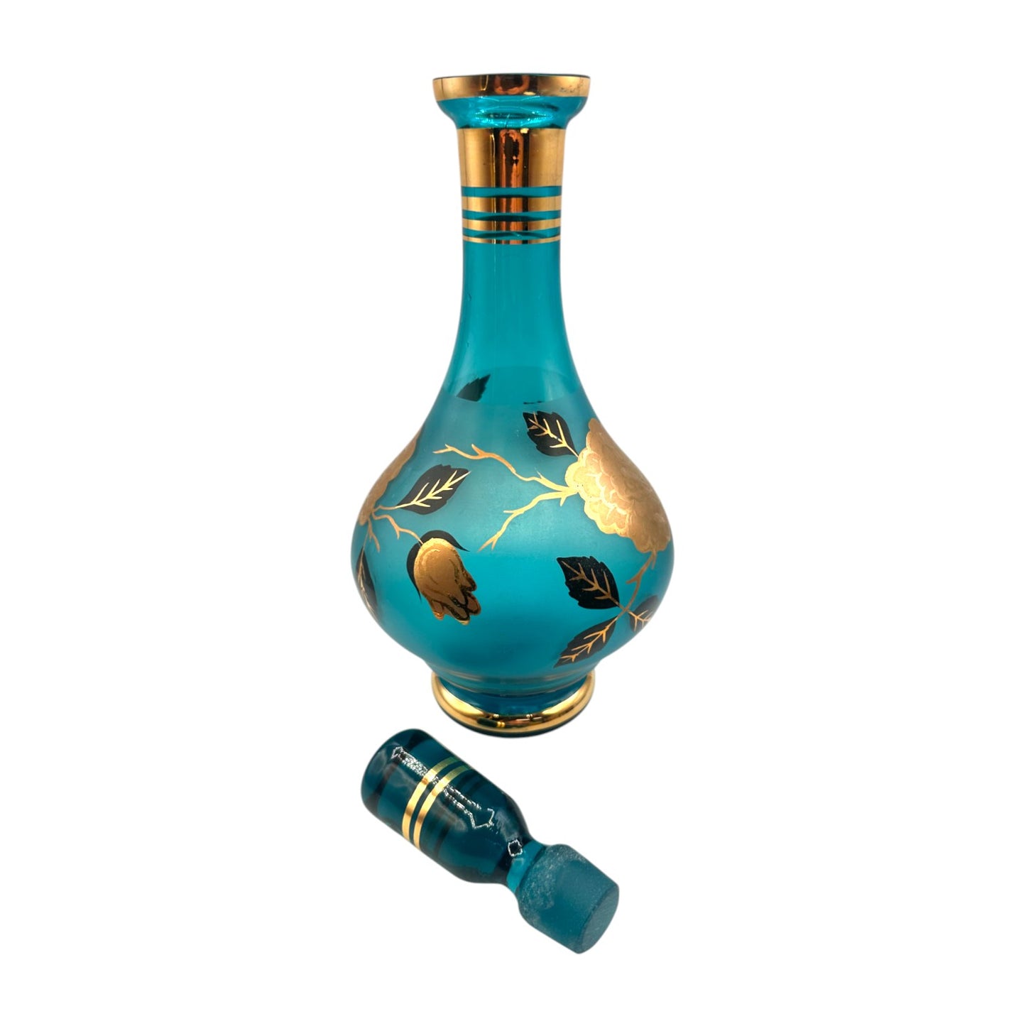 Vintage Blue Baccarat Style Decanter with Gold Filigree Design