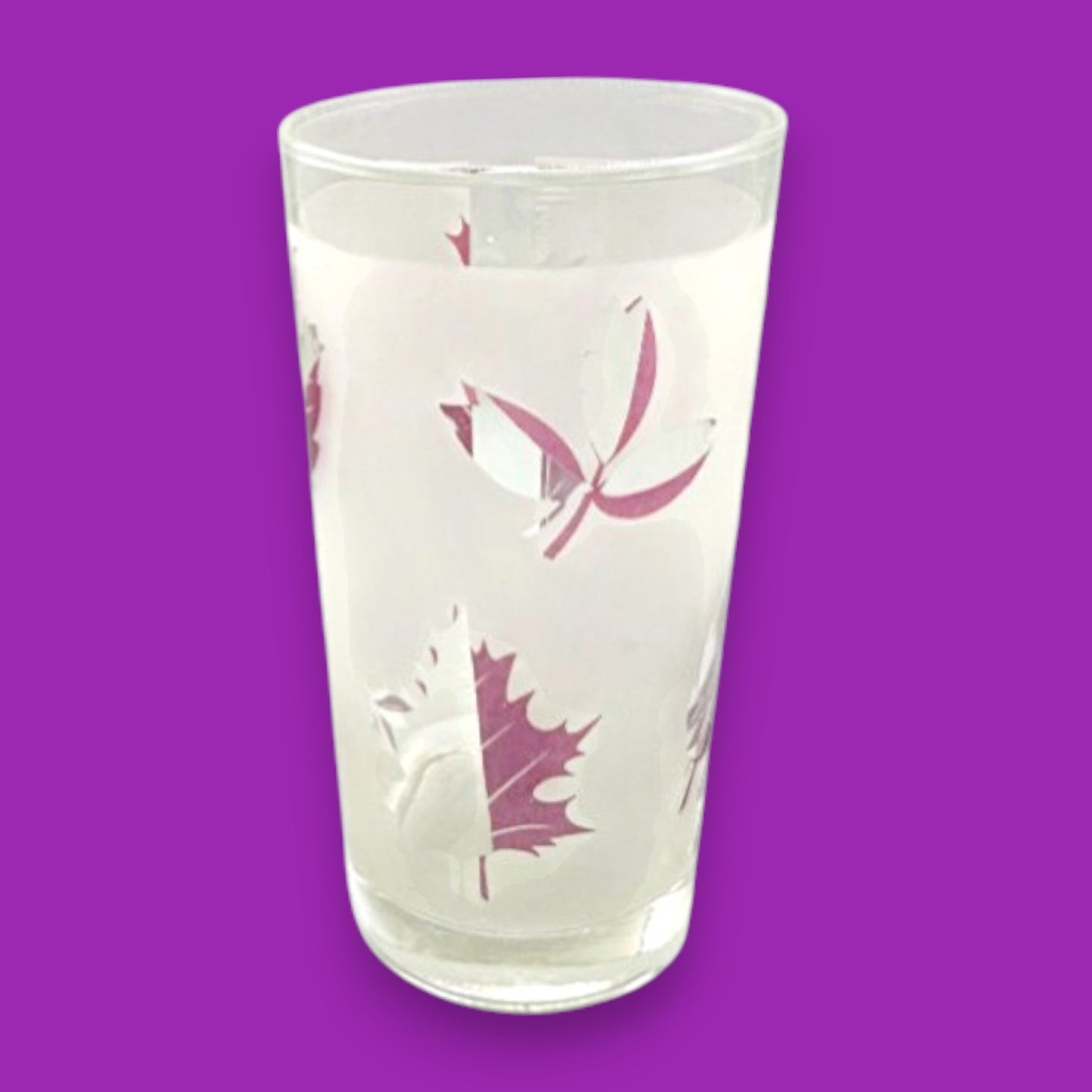 Libbey Purple Leaf Frosted Glass Tumblers Set of 3 Vintage Highball Glasses