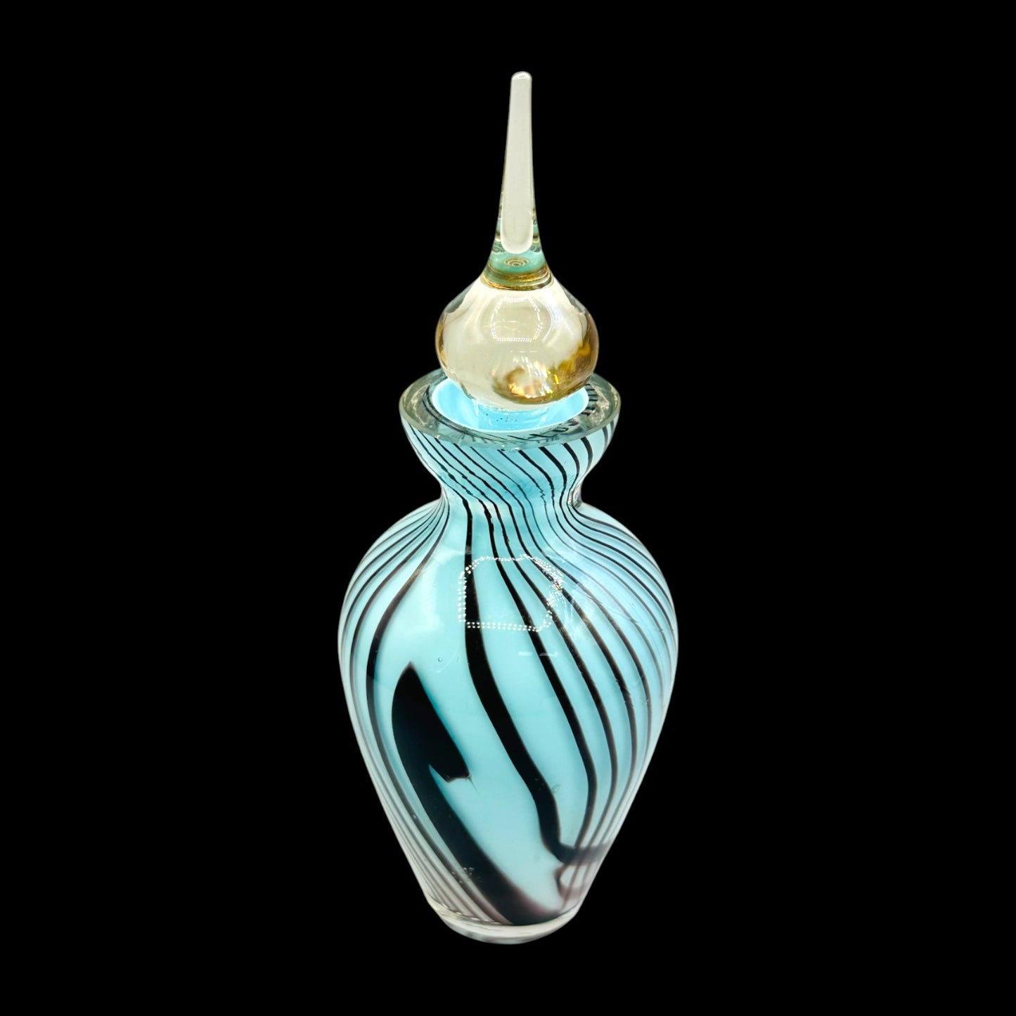 Vintage Art Glass Perfume Bottle Blue Black Swirl with Ornate Stopper