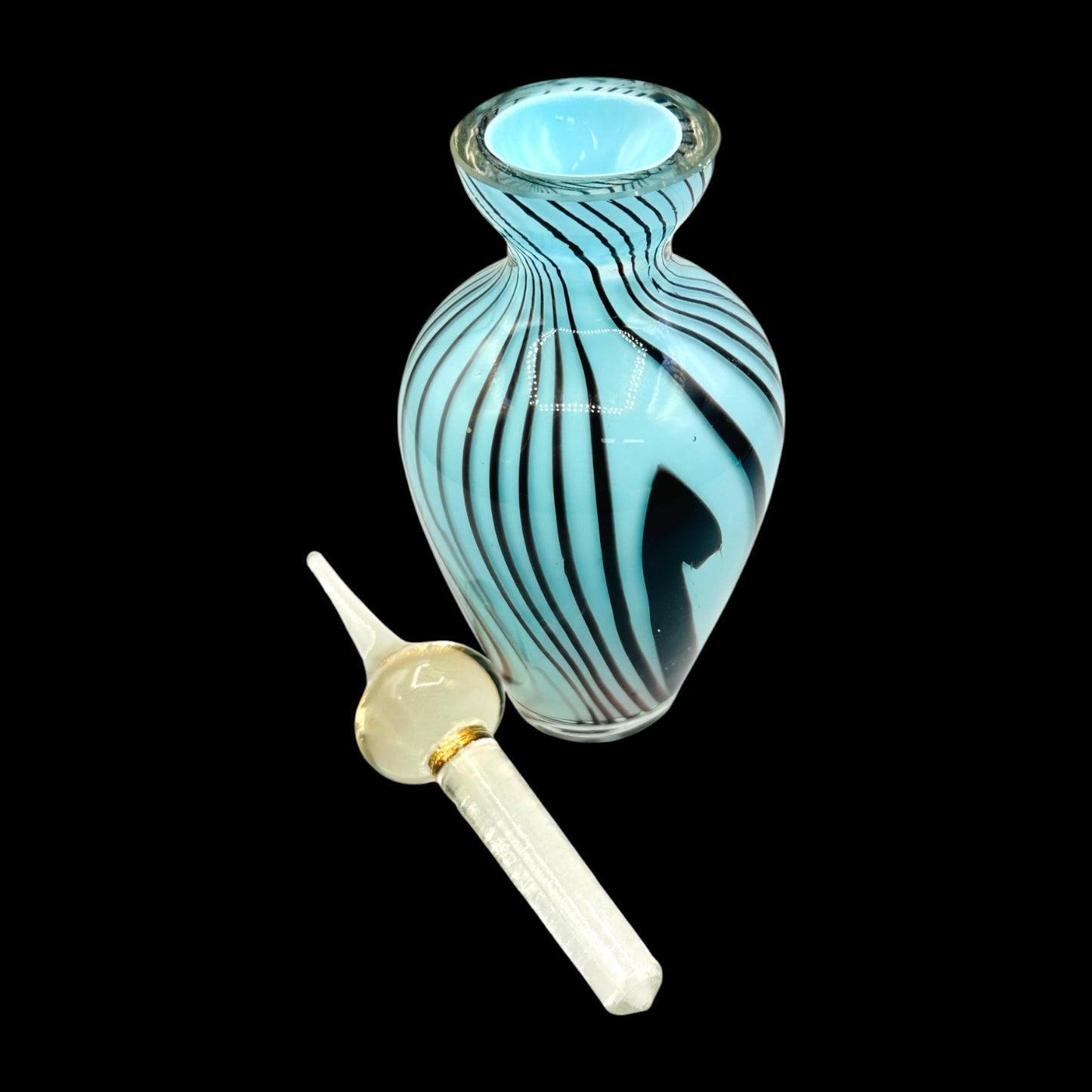 Vintage Art Glass Perfume Bottle Blue Black Swirl with Ornate Stopper