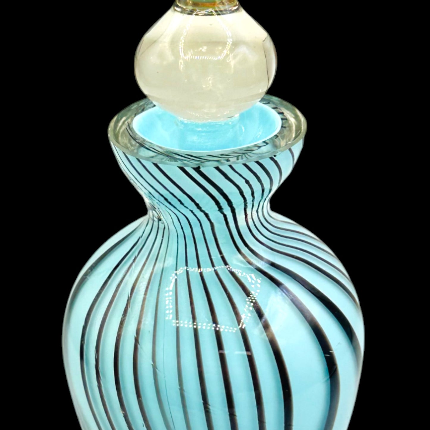 Vintage Art Glass Perfume Bottle Blue Black Swirl with Ornate Stopper