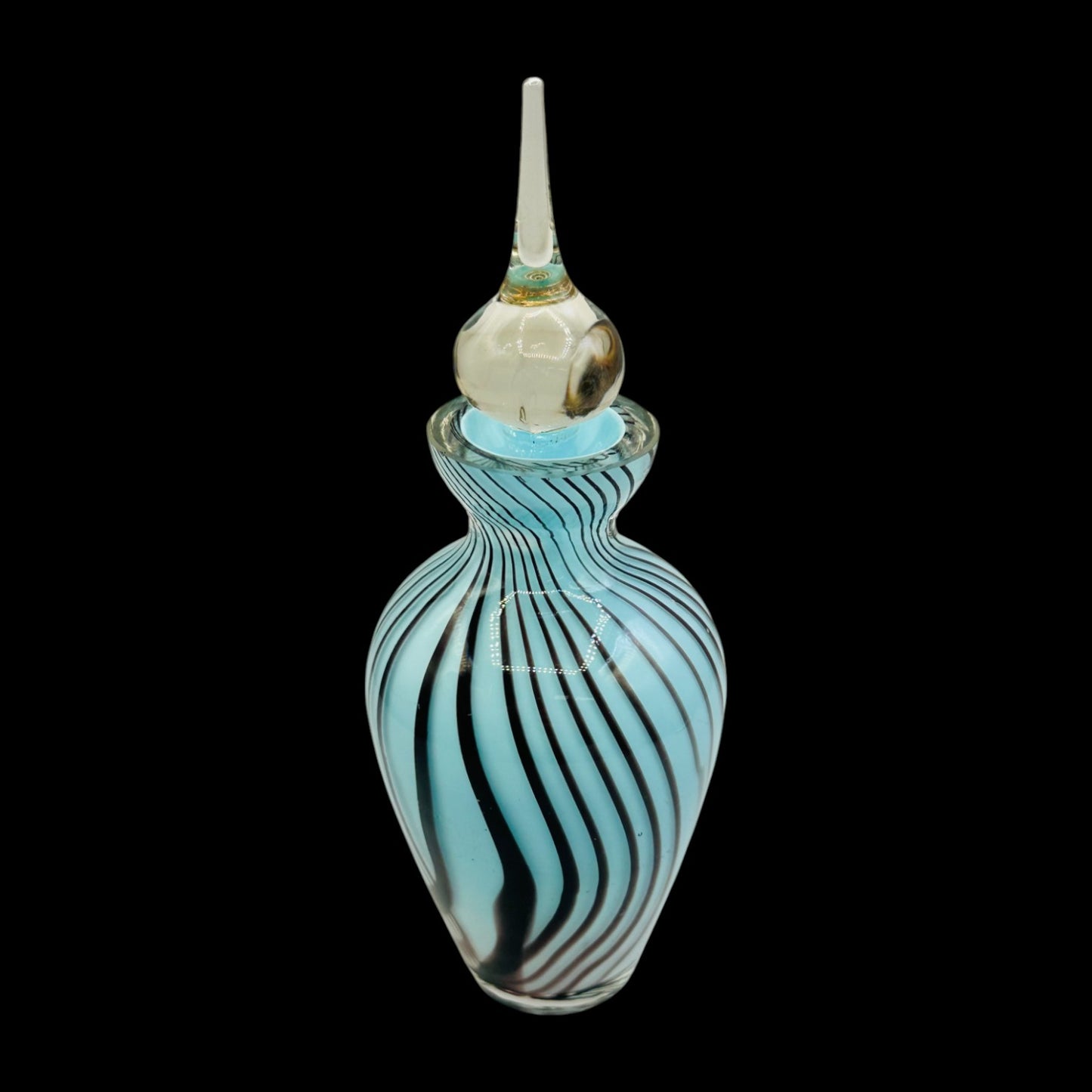 Vintage Art Glass Perfume Bottle Blue Black Swirl with Ornate Stopper