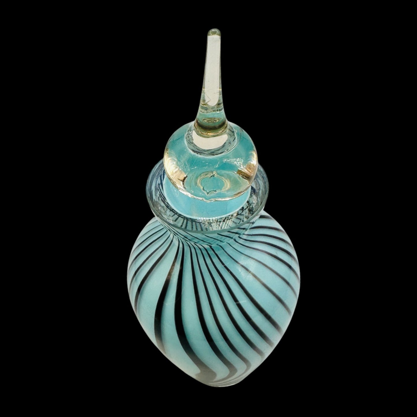 Vintage Art Glass Perfume Bottle Blue Black Swirl with Ornate Stopper