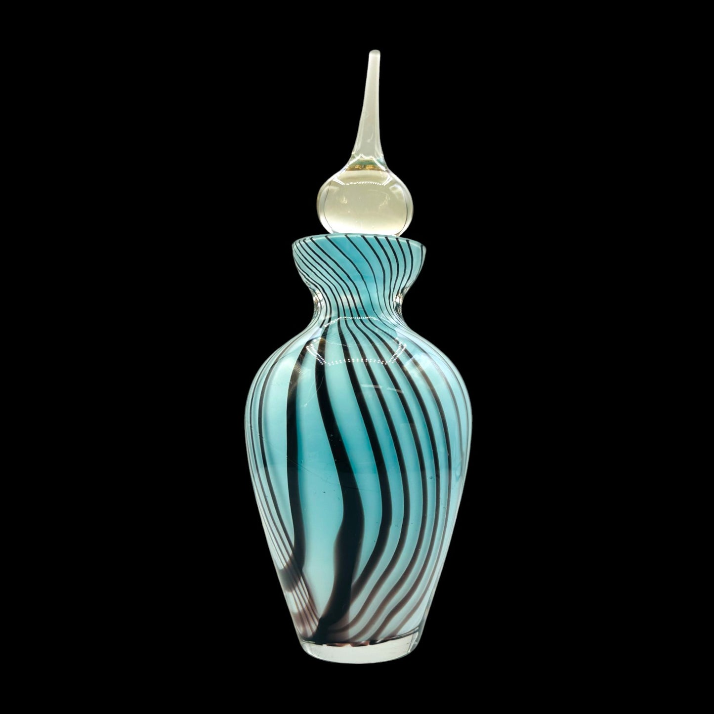 Vintage Art Glass Perfume Bottle Blue Black Swirl with Ornate Stopper