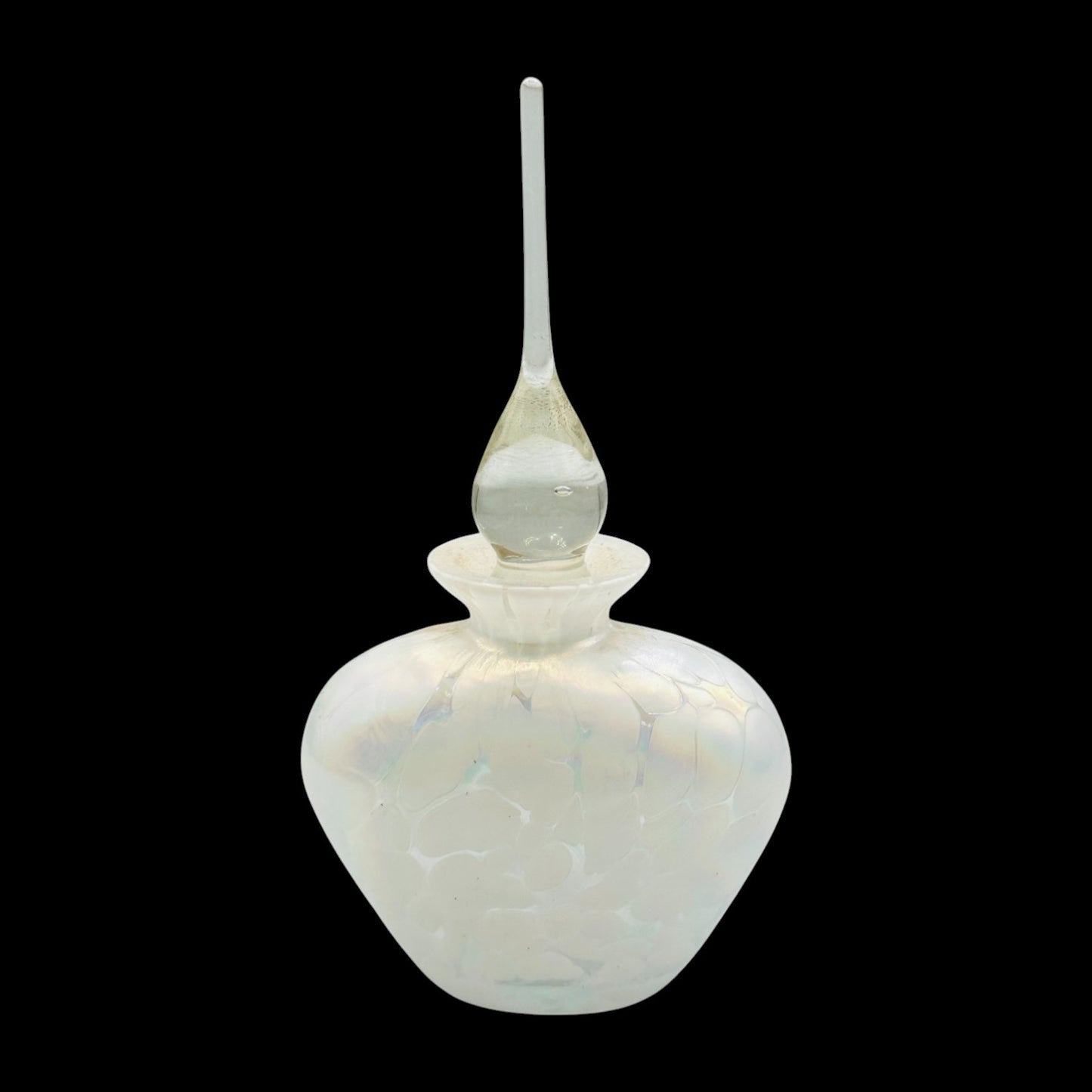 Vintage White Iridescent Perfume Bottle Art Deco Ornate Stopper Art Glass