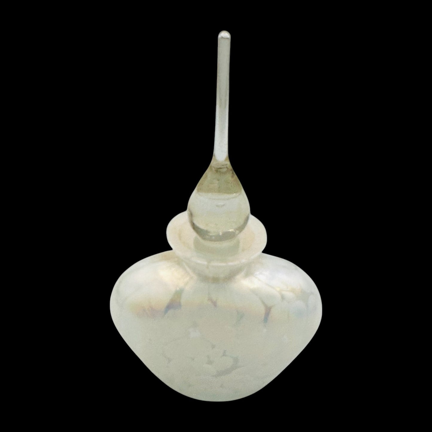 Vintage White Iridescent Perfume Bottle Art Deco Ornate Stopper Art Glass