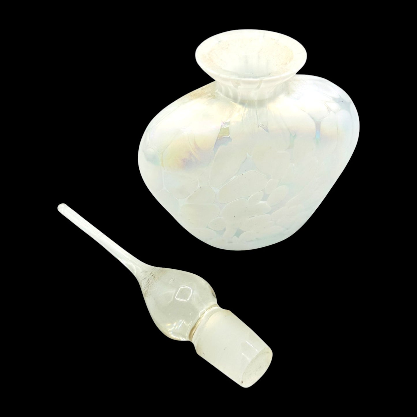 Vintage White Iridescent Perfume Bottle Art Deco Ornate Stopper Art Glass