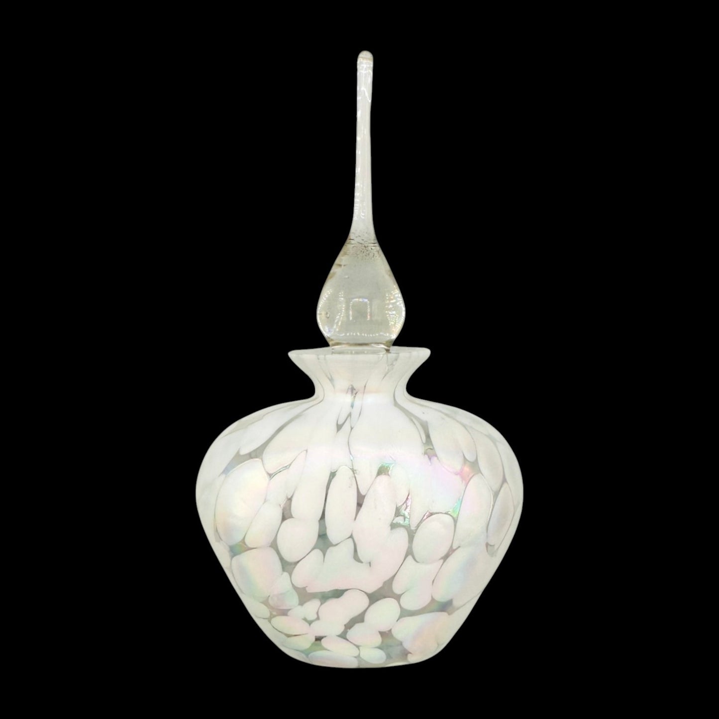 Vintage White Iridescent Perfume Bottle Art Deco Ornate Stopper Art Glass