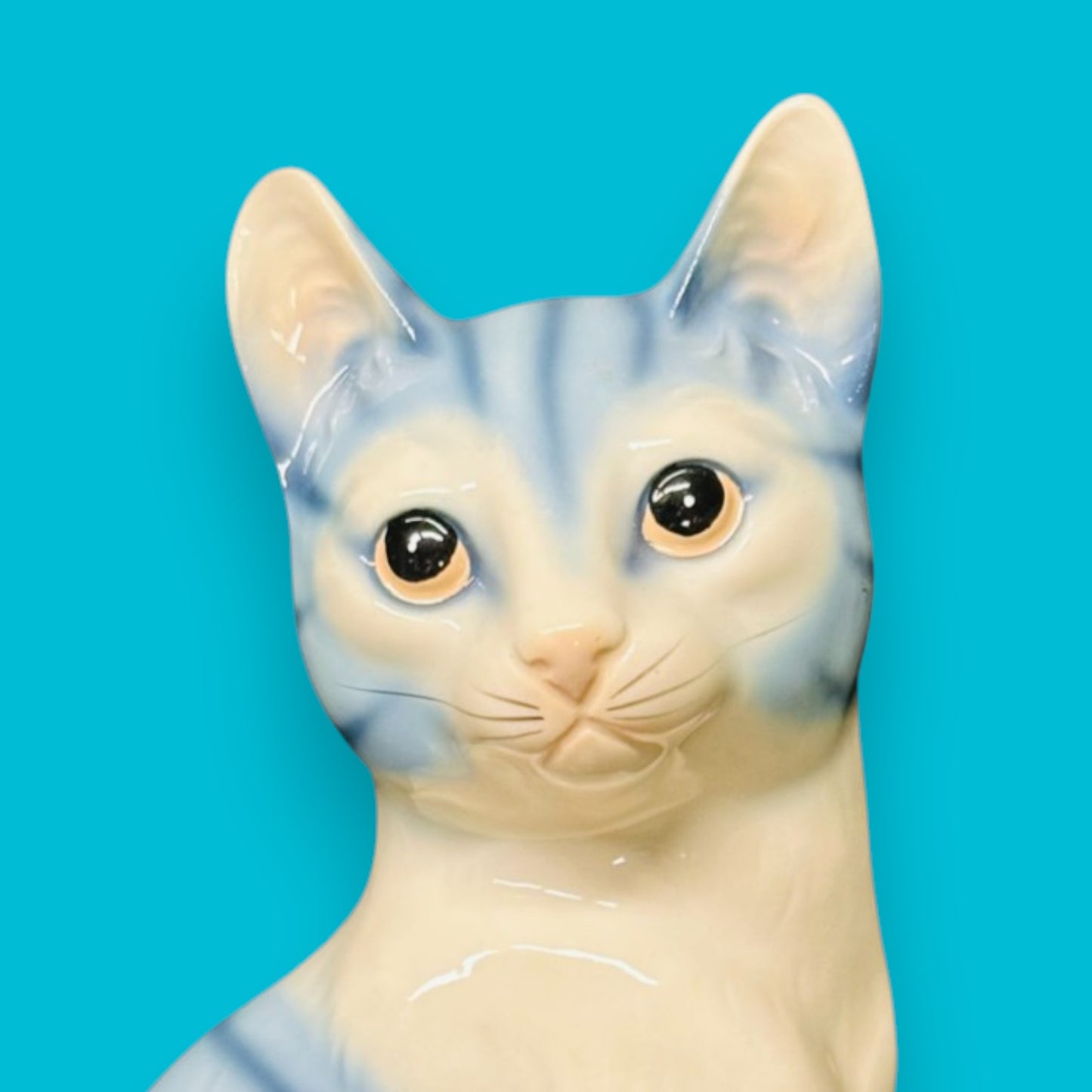 Vintage Royal Orleans Blue White Striped Tabby Cat Statue Ceramic Figurine