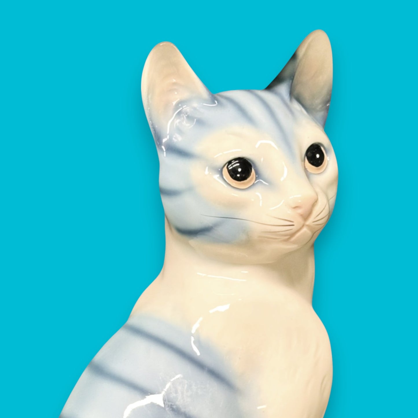 Vintage Royal Orleans Blue White Striped Tabby Cat Statue Ceramic Figurine