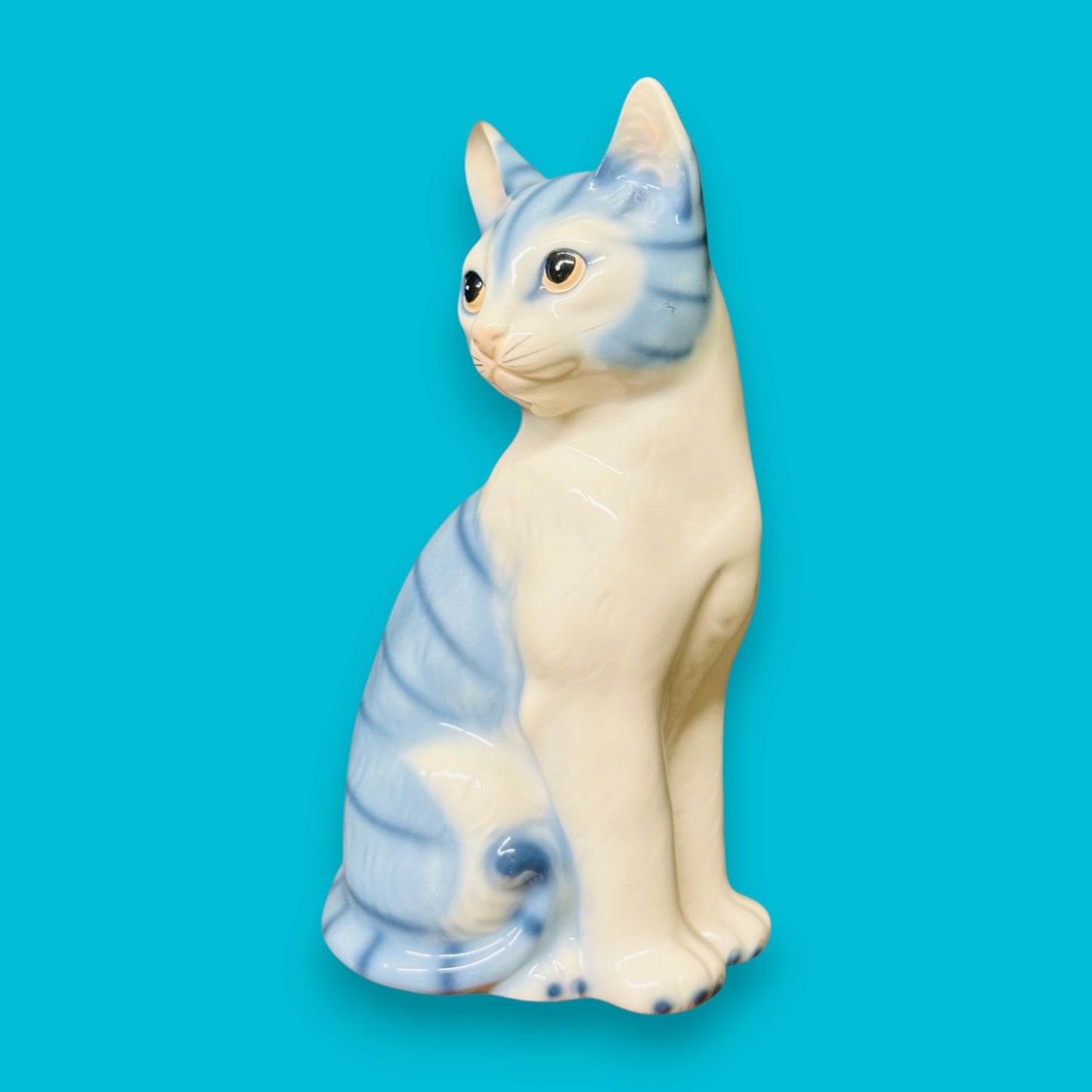 Vintage Royal Orleans Blue White Striped Tabby Cat Statue Ceramic Figurine