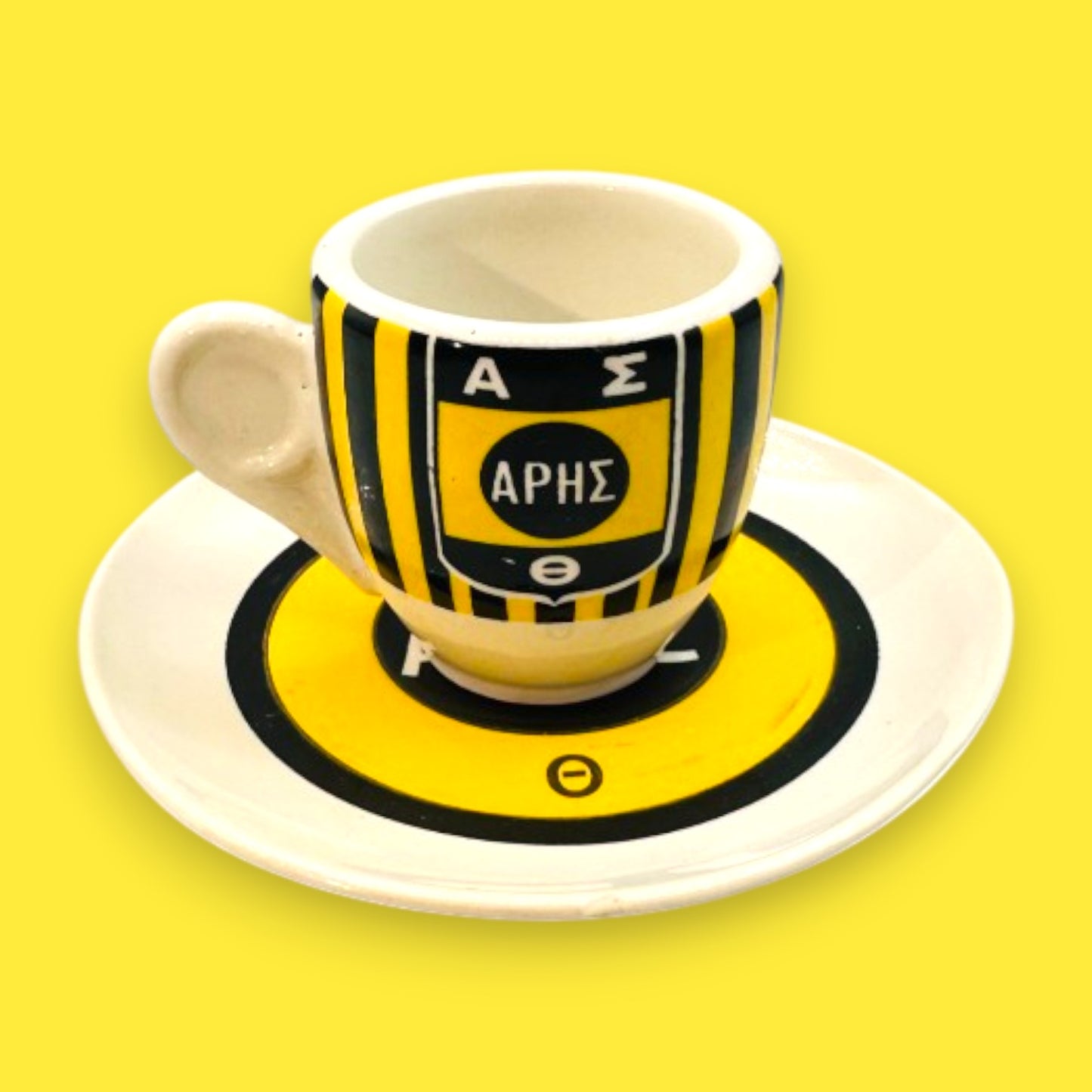 Vintage 1950s Espresso Set Yellow Black Greek Ares APHΣ Cup and Saucer
