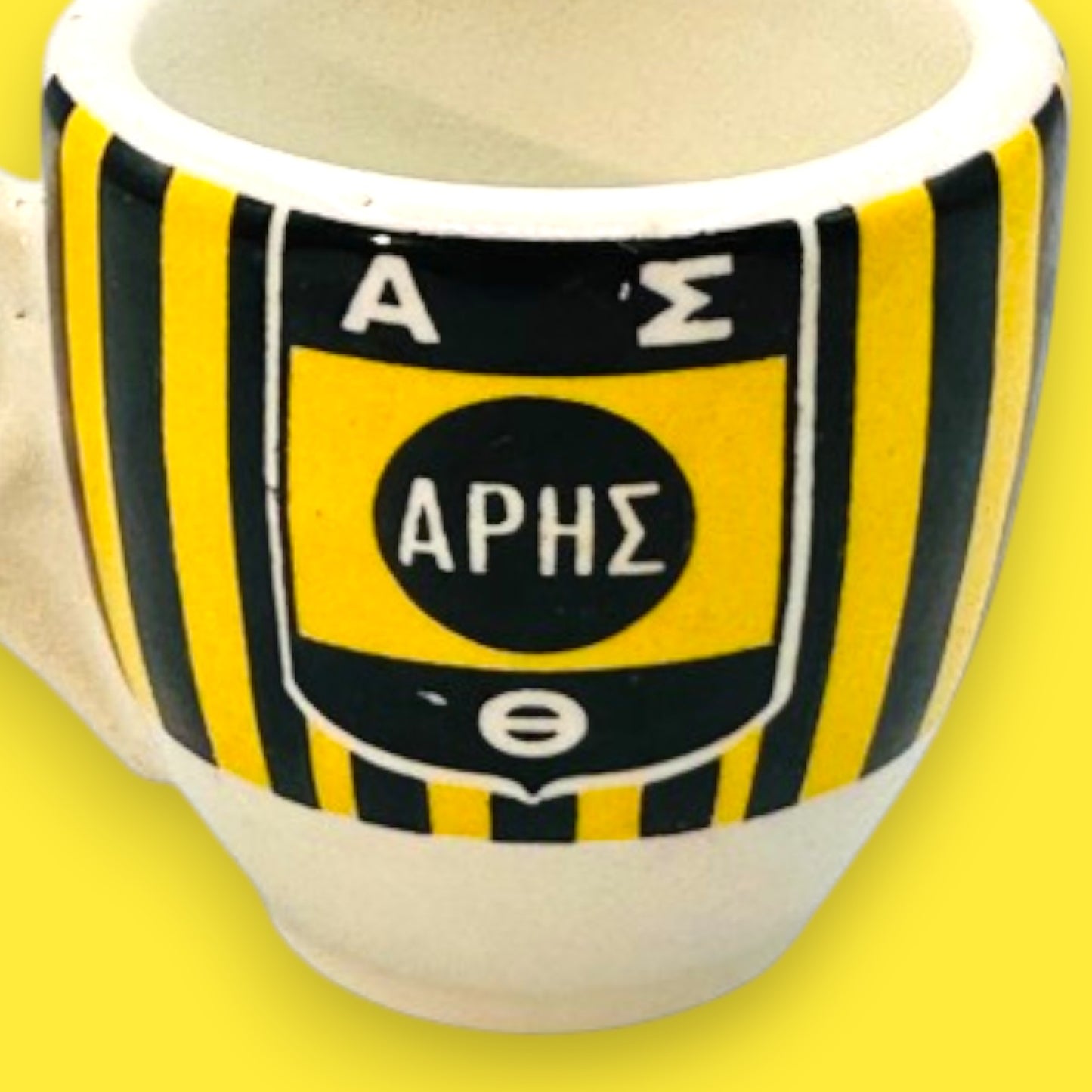 Vintage 1950s Espresso Set Yellow Black Greek Ares APHΣ Cup and Saucer