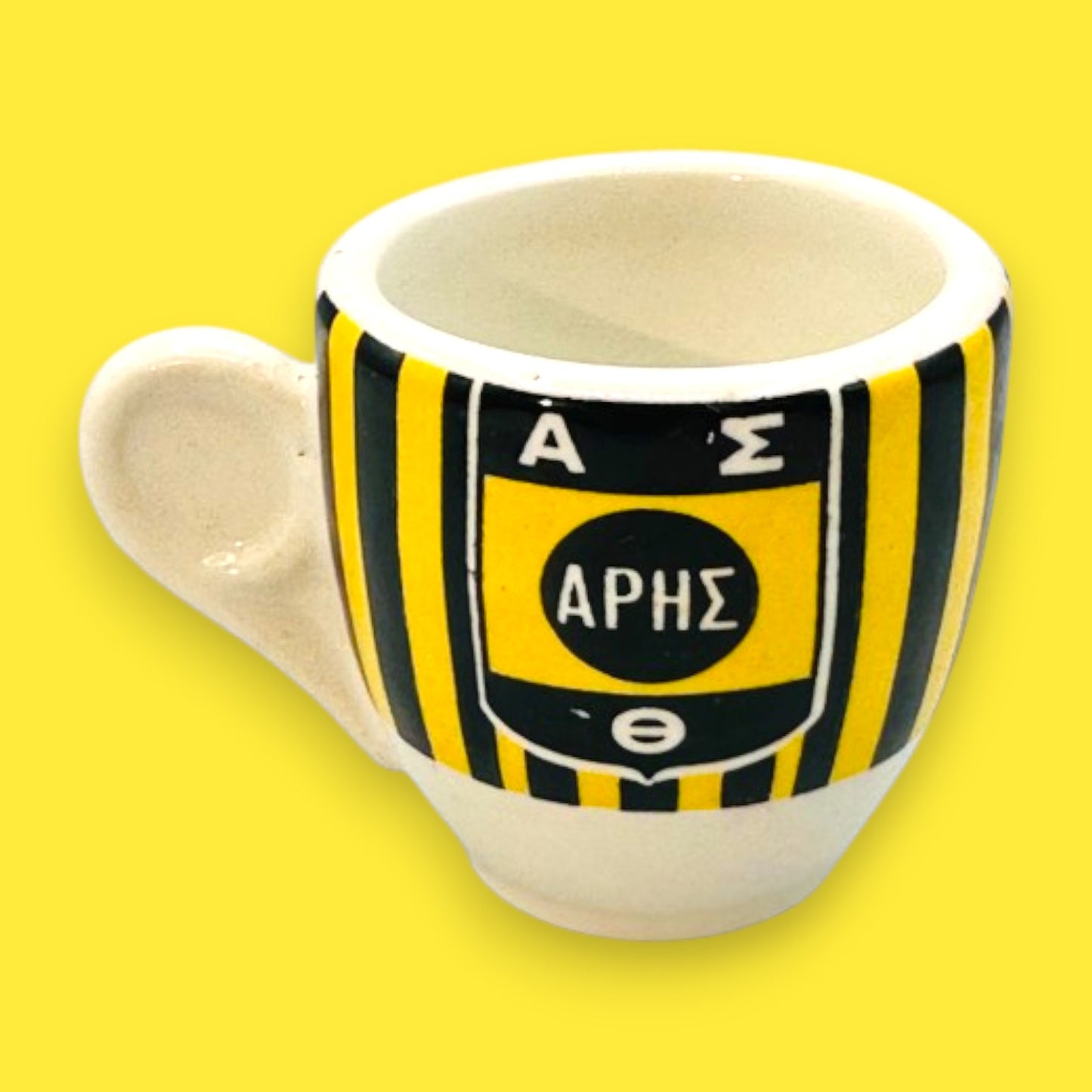 Vintage 1950s Espresso Set Yellow Black Greek Ares APHΣ Cup and Saucer