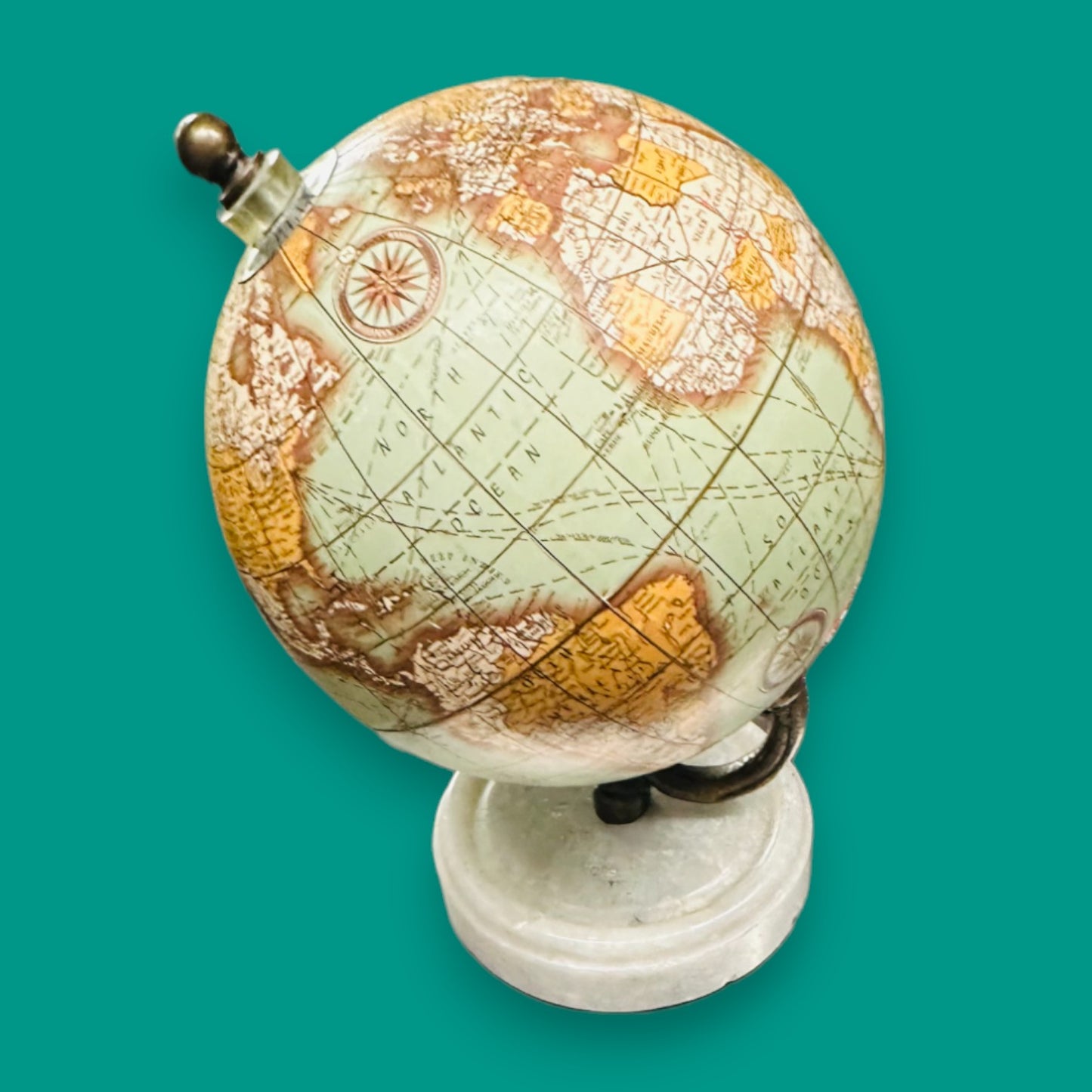 Vintage Style Globe White Marble Base Sepia Aged Look Collectible