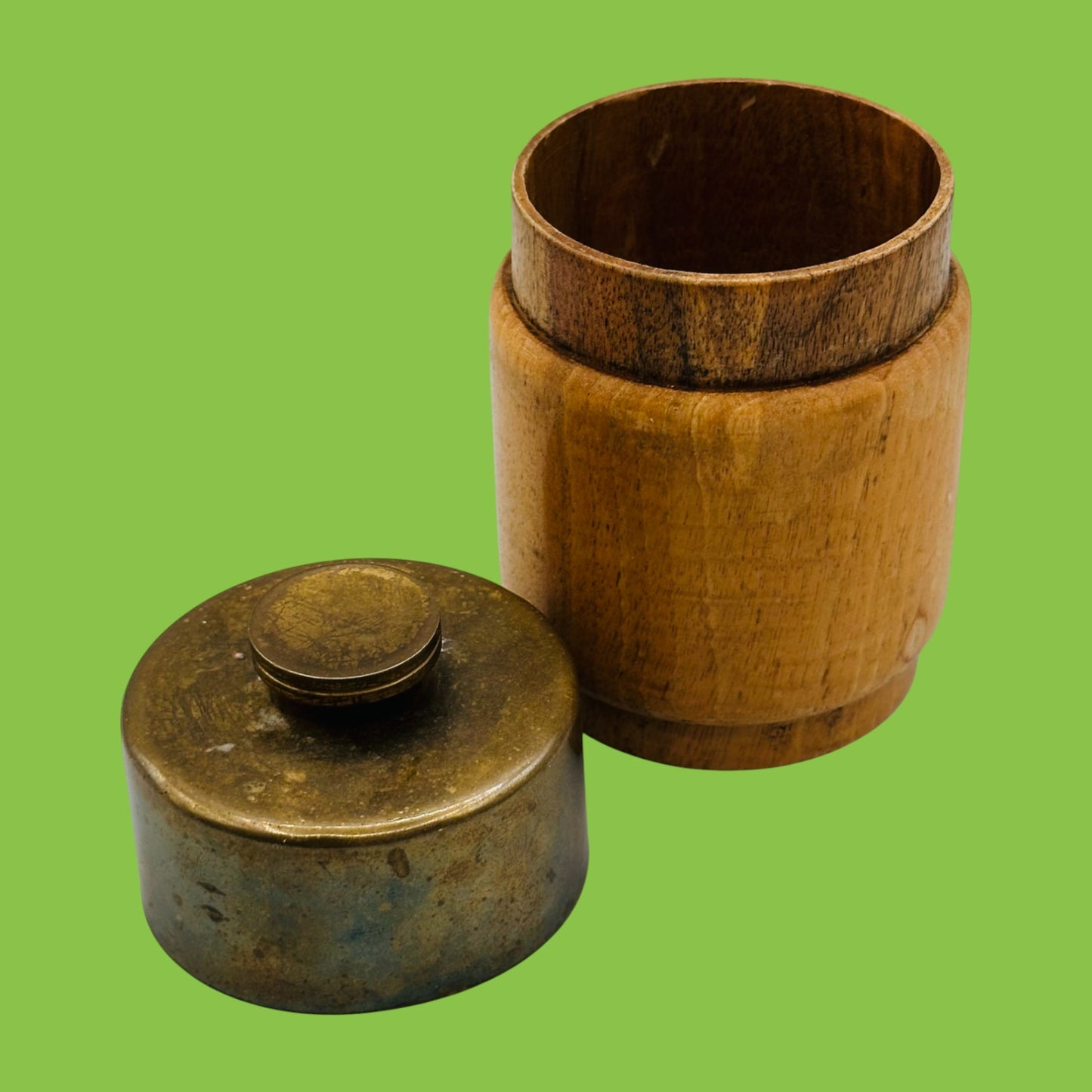 Vintage Wooden Jar with Brass Lid – Machined Detailing