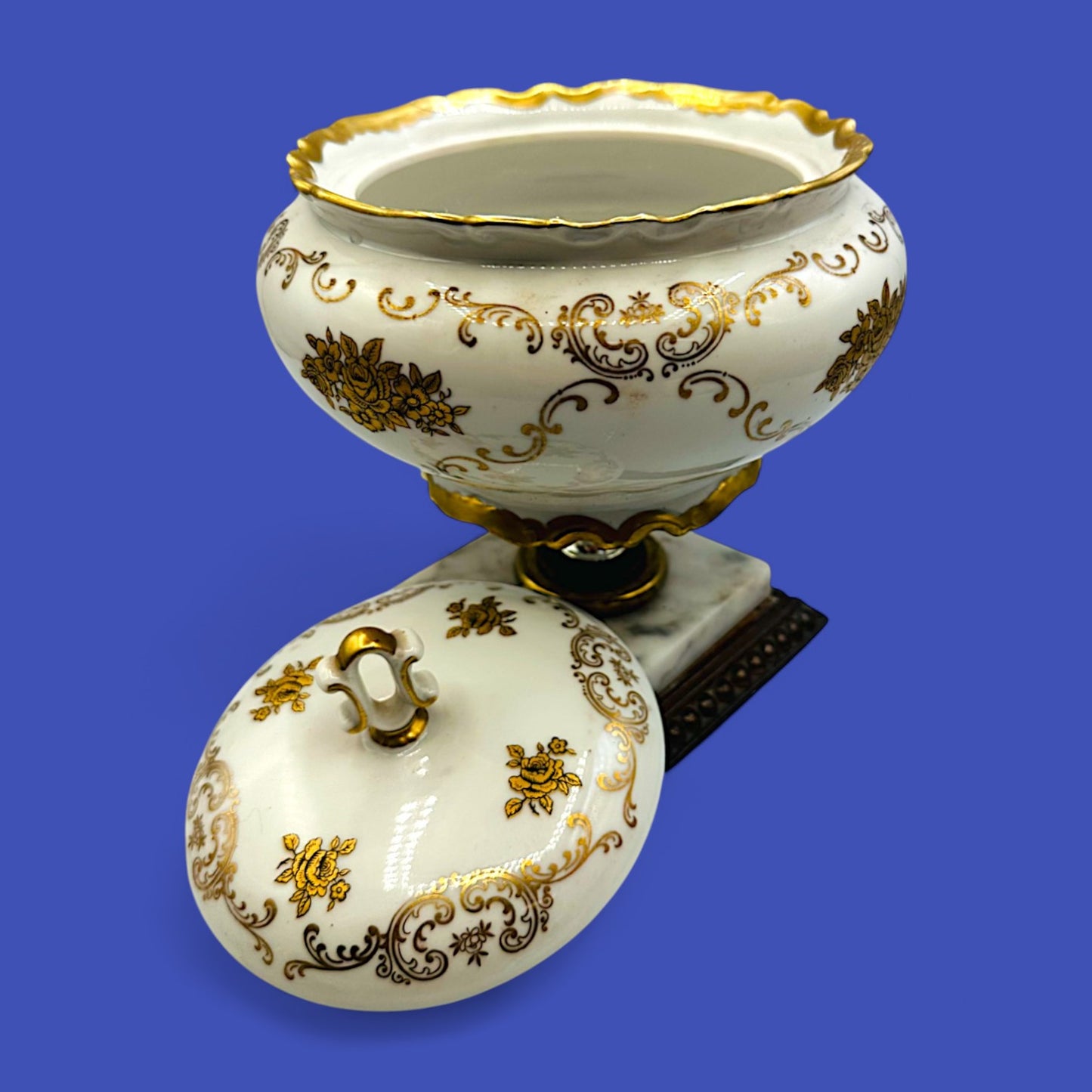 Hollywood Regency Reichenbach Porcelain Candy Dish with Marble Base