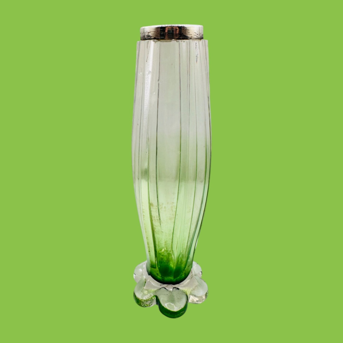 Vintage Green Glass Vase Art Deco Sterling Silver Rim