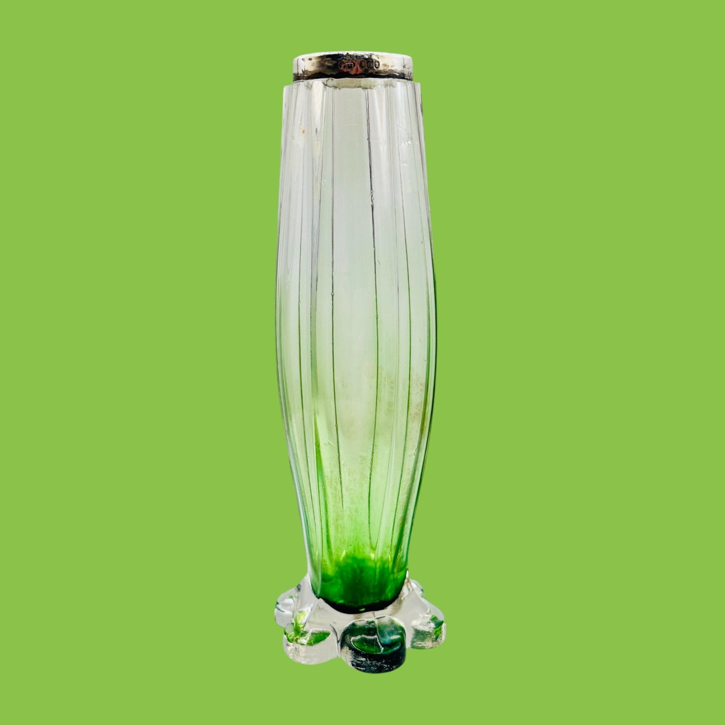 Vintage Green Glass Vase Art Deco Sterling Silver Rim