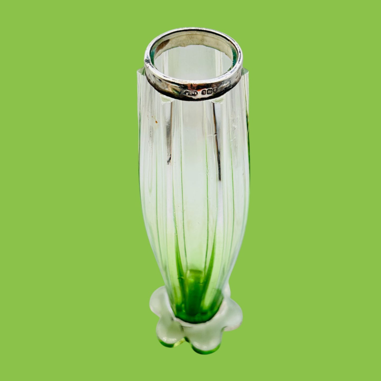 Vintage Green Glass Vase Art Deco Sterling Silver Rim