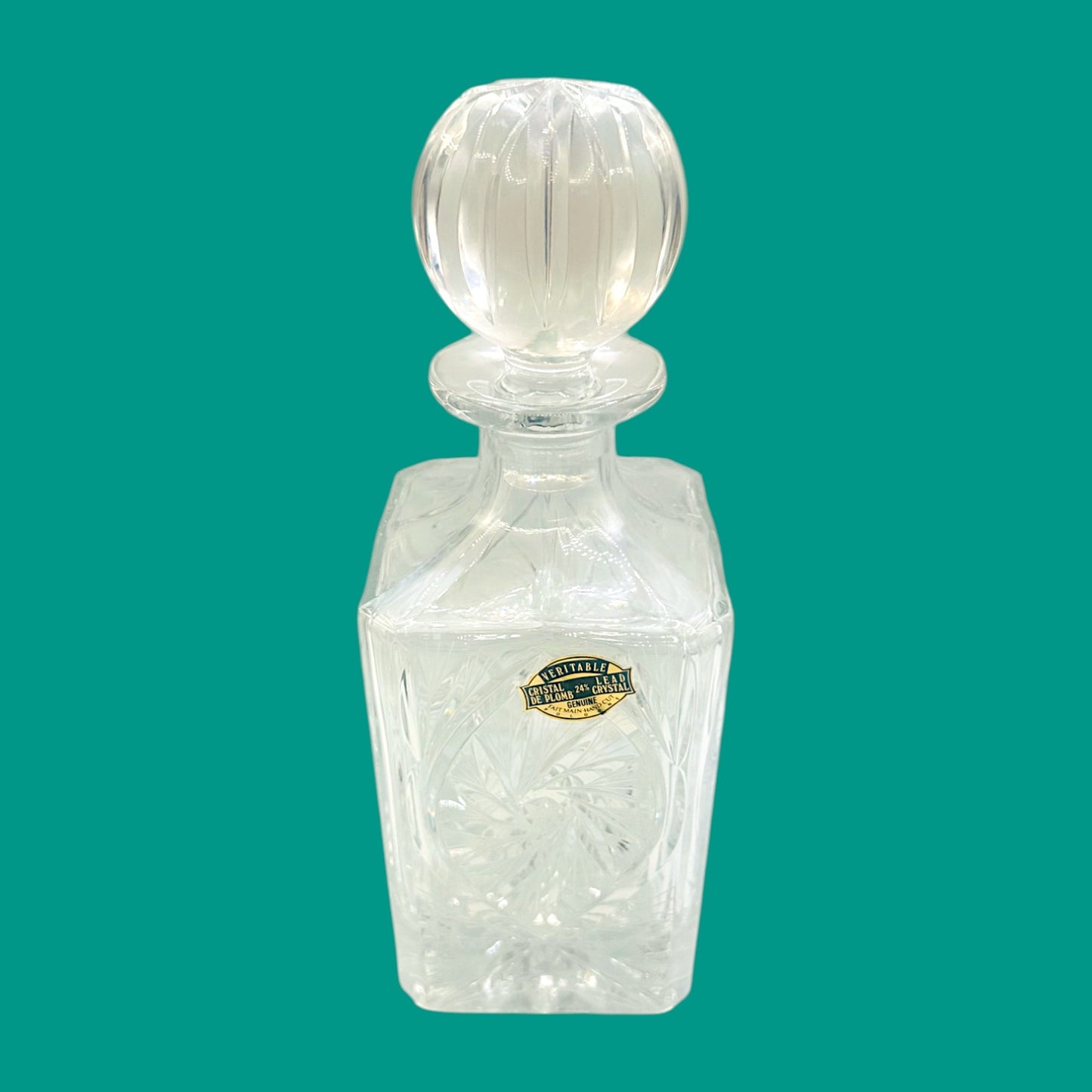 Vintage Crystal Whiskey Decanter – Mid-Century Rectangle Barware with Pinwheel Cut