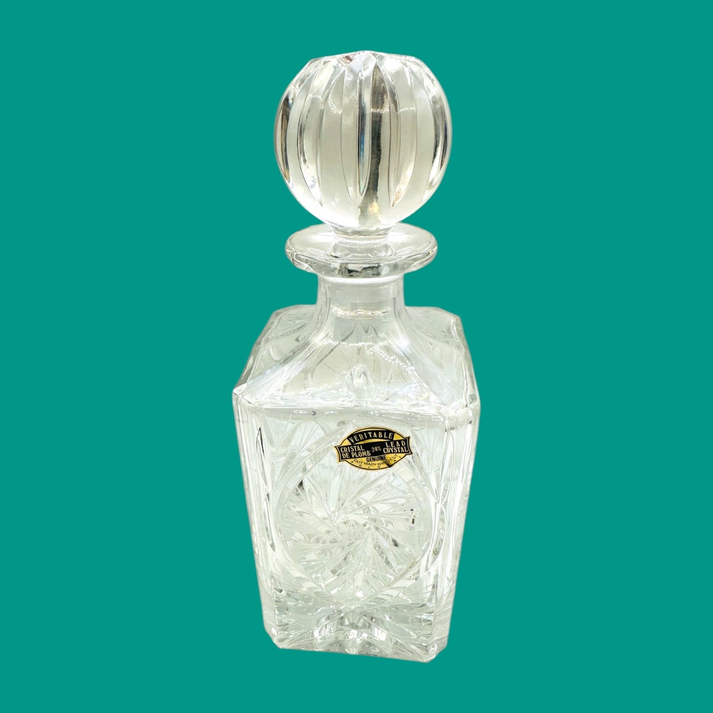 Vintage Crystal Whiskey Decanter – Mid-Century Rectangle Barware with Pinwheel Cut